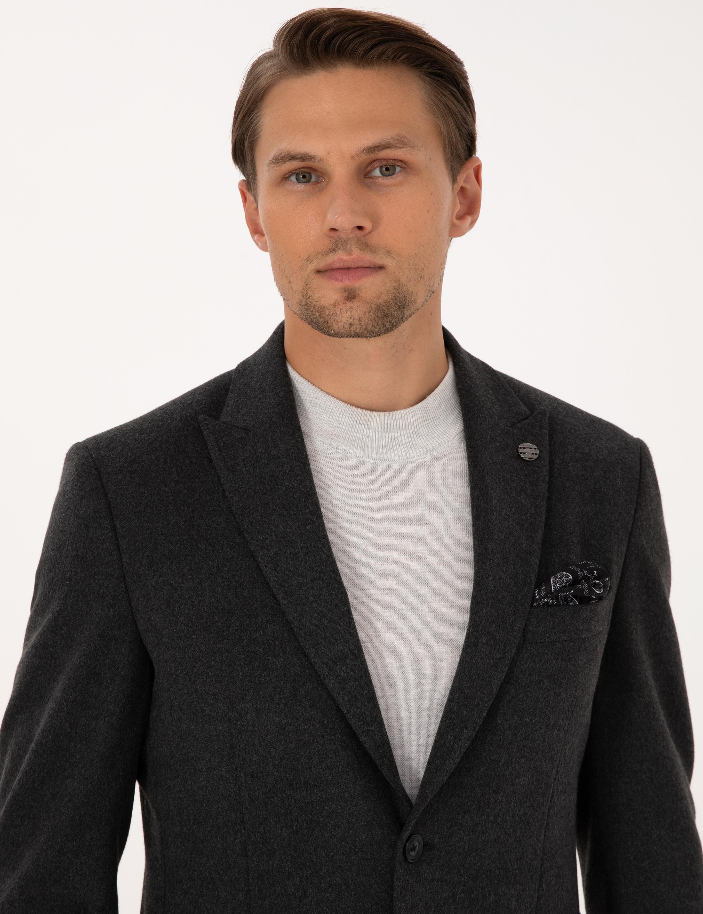 Antrasit Slim Fit Flanel Dokulu Ceket