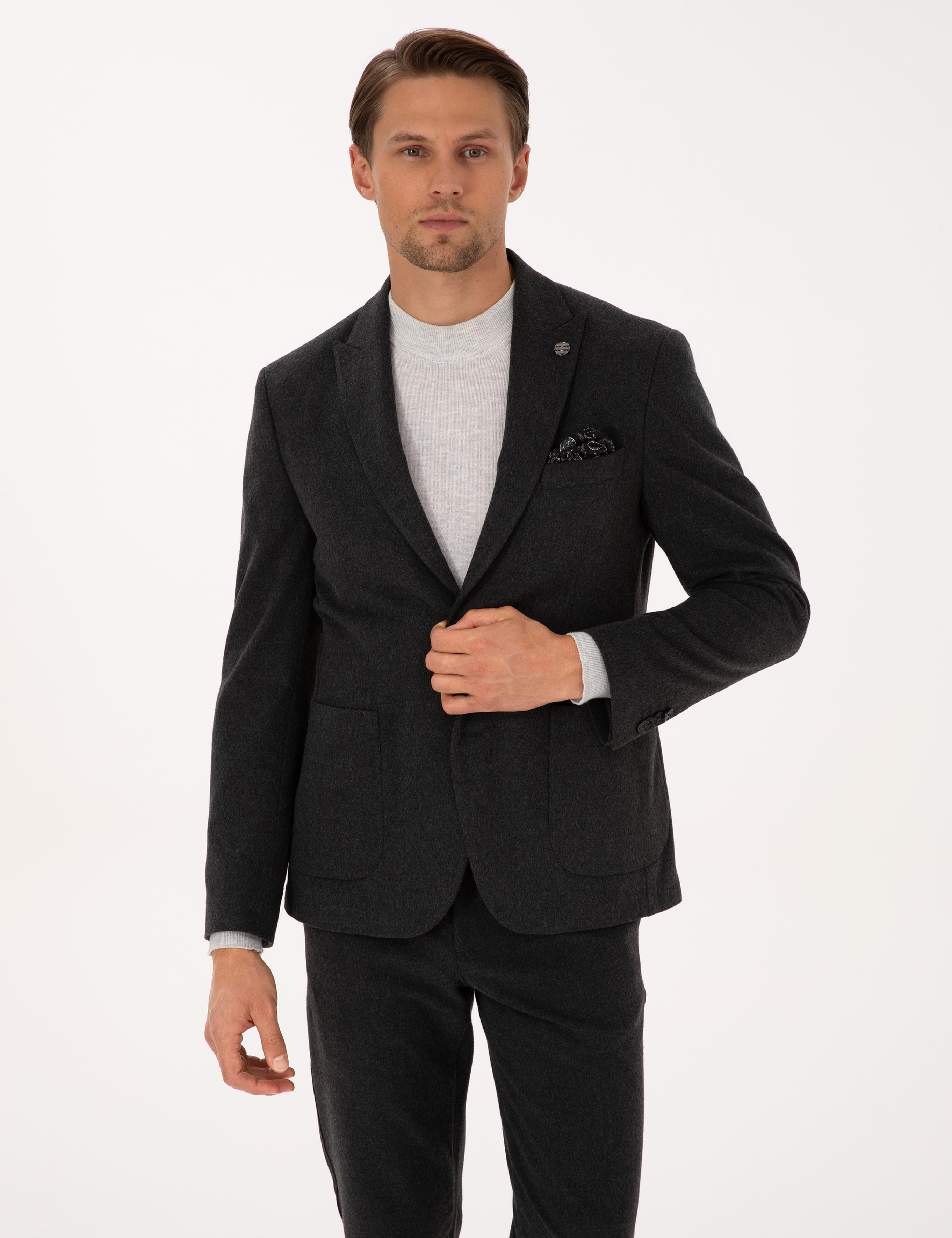 Antrasit Slim Fit Flanel Dokulu Ceket