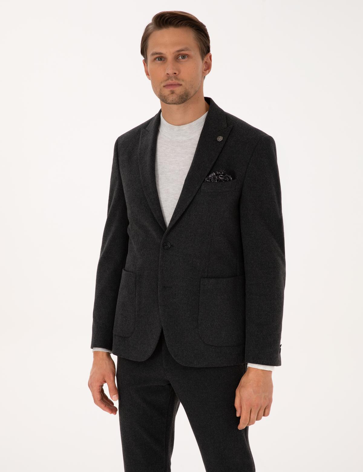 Antrasit Slim Fit Flanel Dokulu Ceket - 50317671020