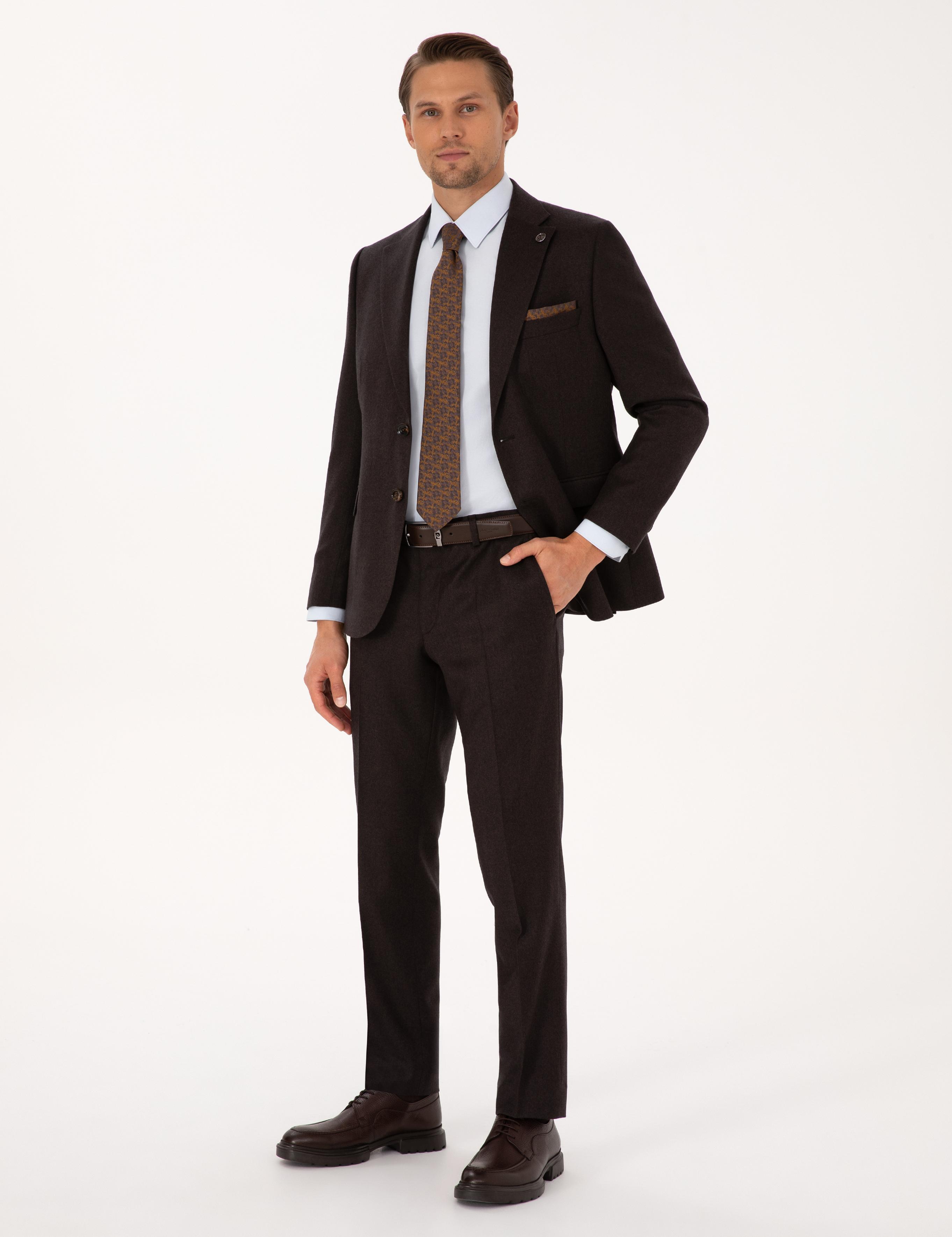 Kahverengi Slim Fit %100 Yün Takım Elbise