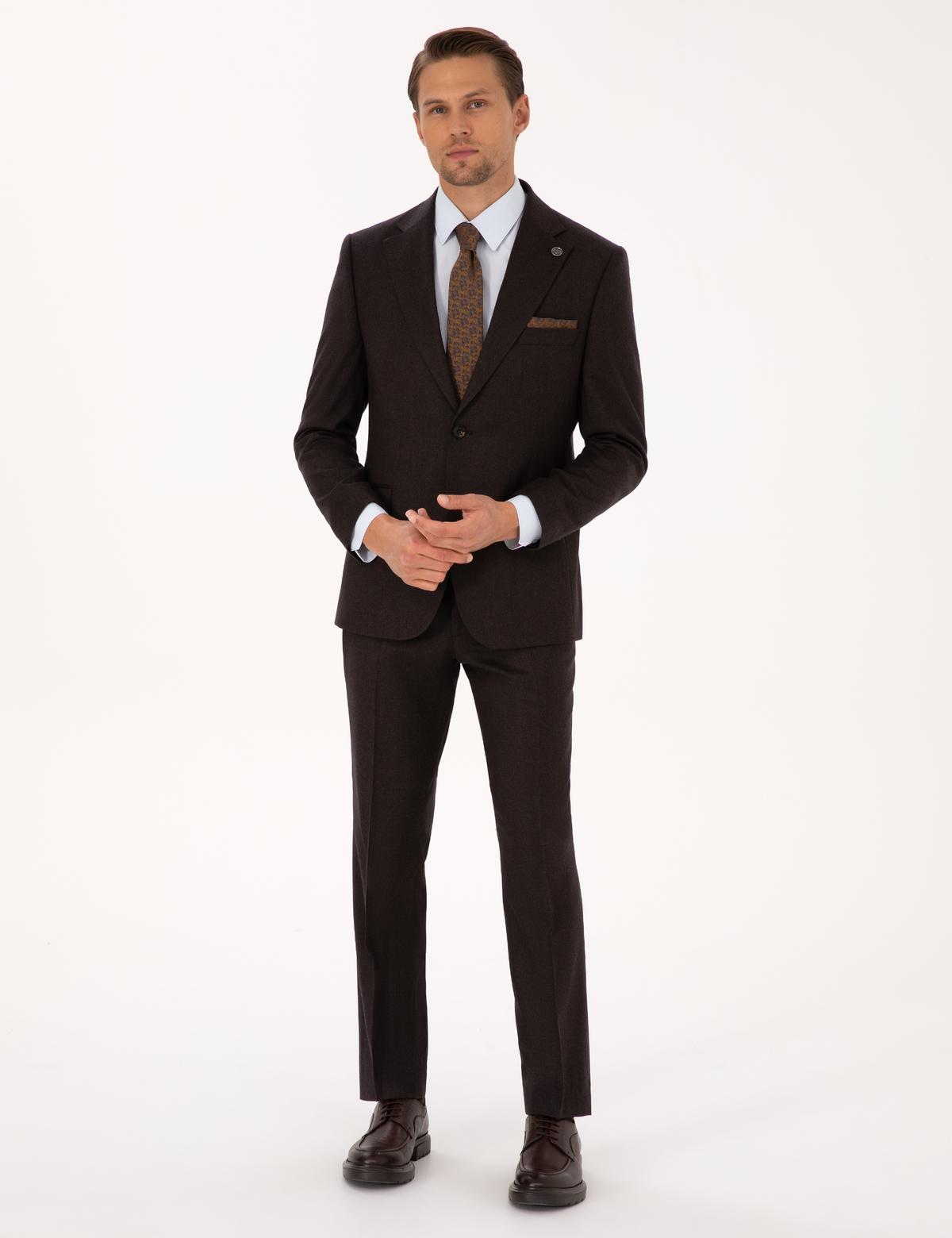 Kahverengi Slim Fit %100 Yün Takım Elbise