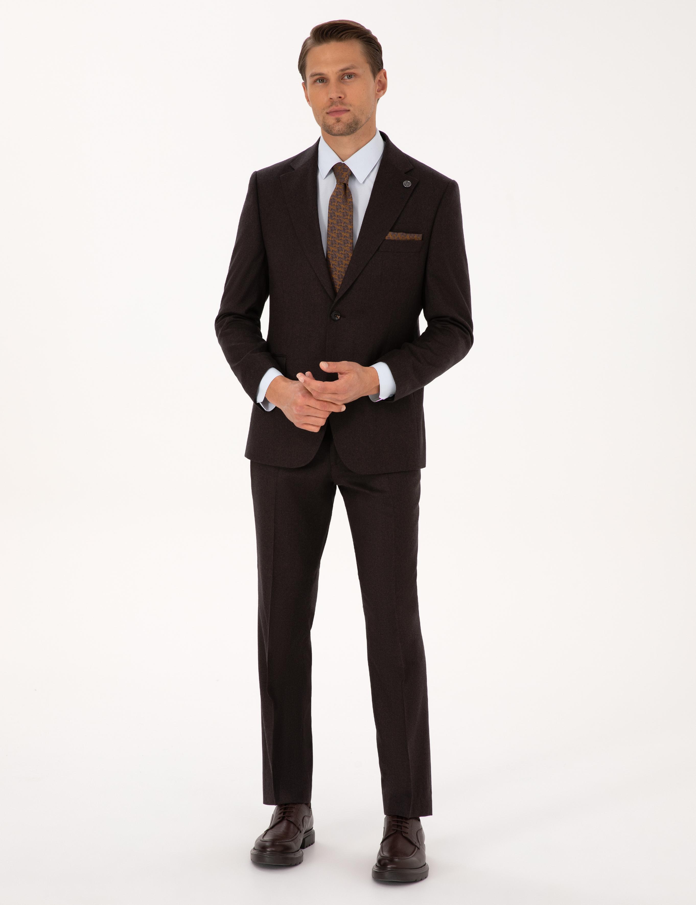 Kahverengi Slim Fit %100 Yün Takım Elbise