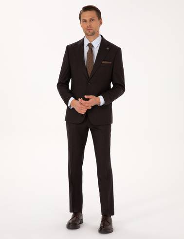 Kahverengi Slim Fit %100 Yün Takım Elbise