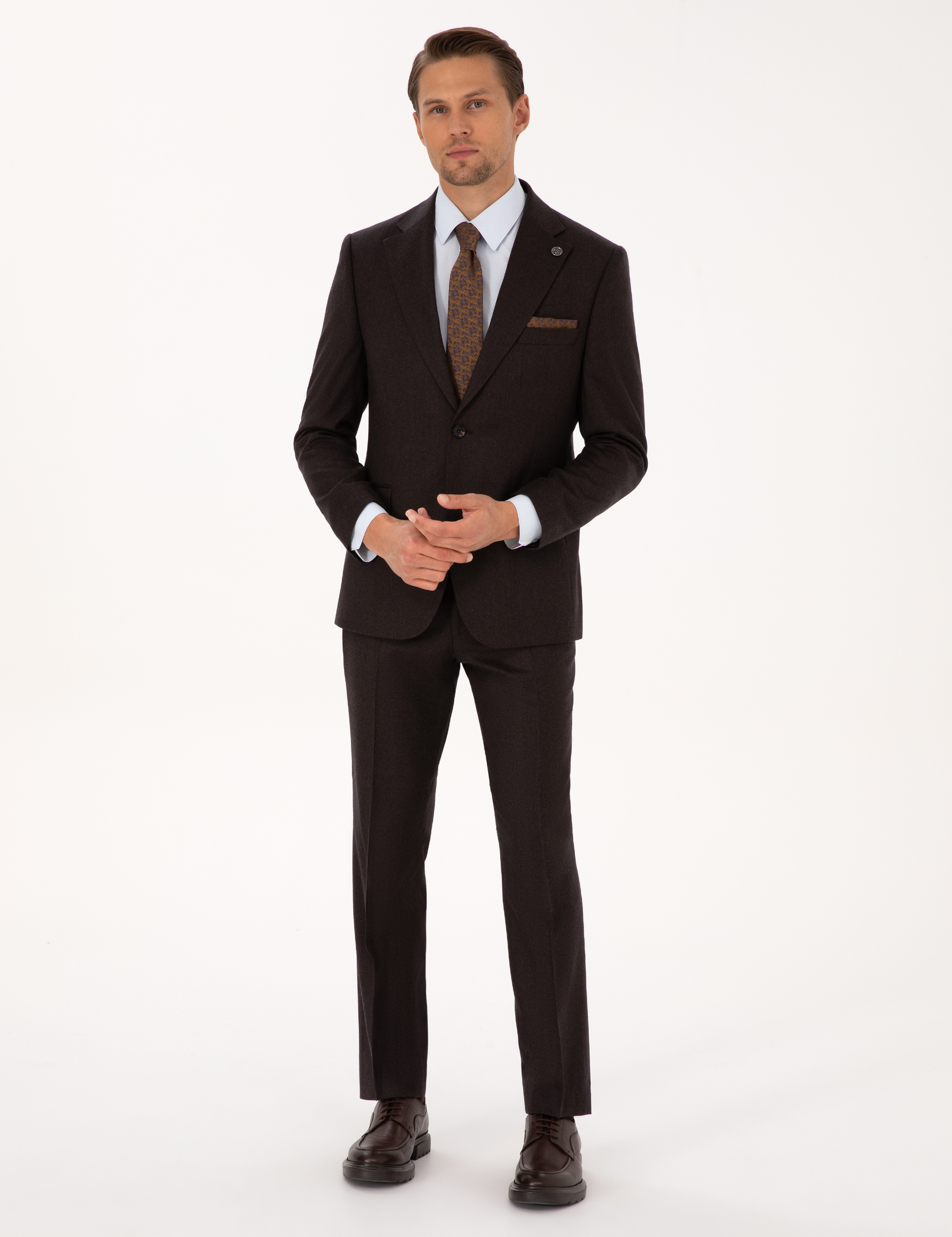 Kahverengi Slim Fit %100 Yün Takım Elbise - Image 1