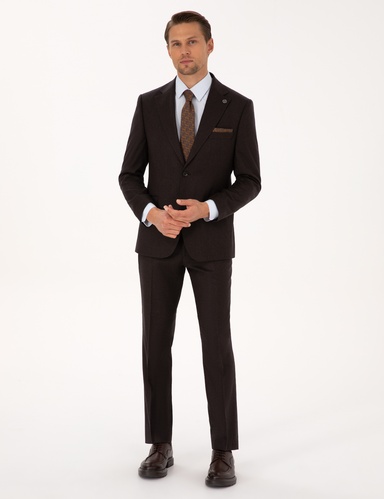 Kahverengi Slim Fit %100 Yün Takım Elbise