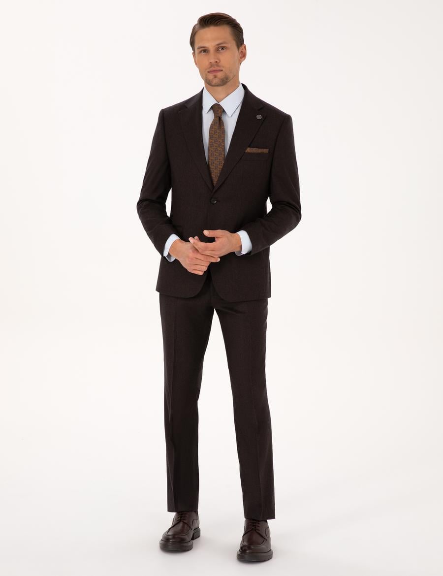 Kahverengi Slim Fit %100 Yün Takım Elbise