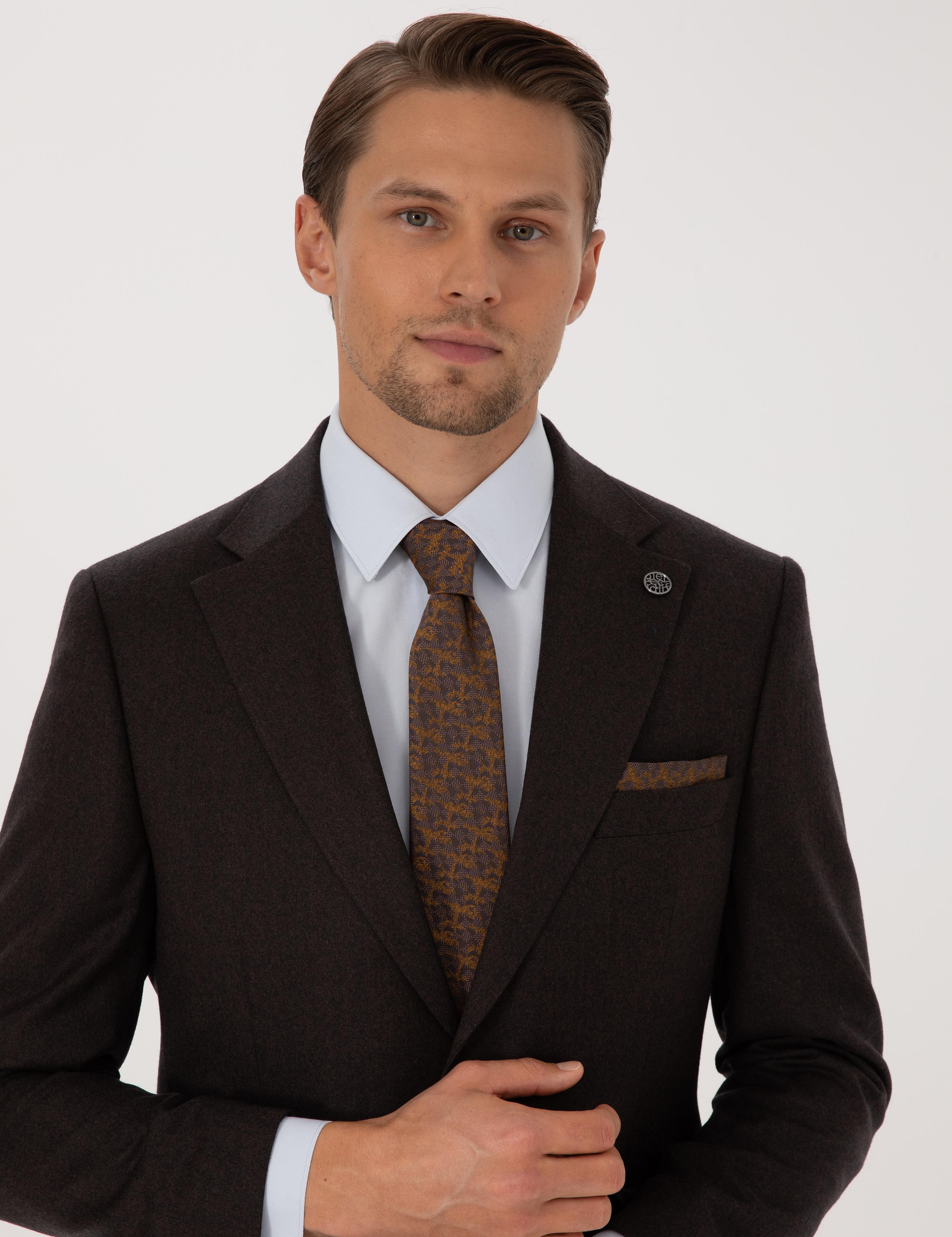 Kahverengi Slim Fit %100 Yün Takım Elbise