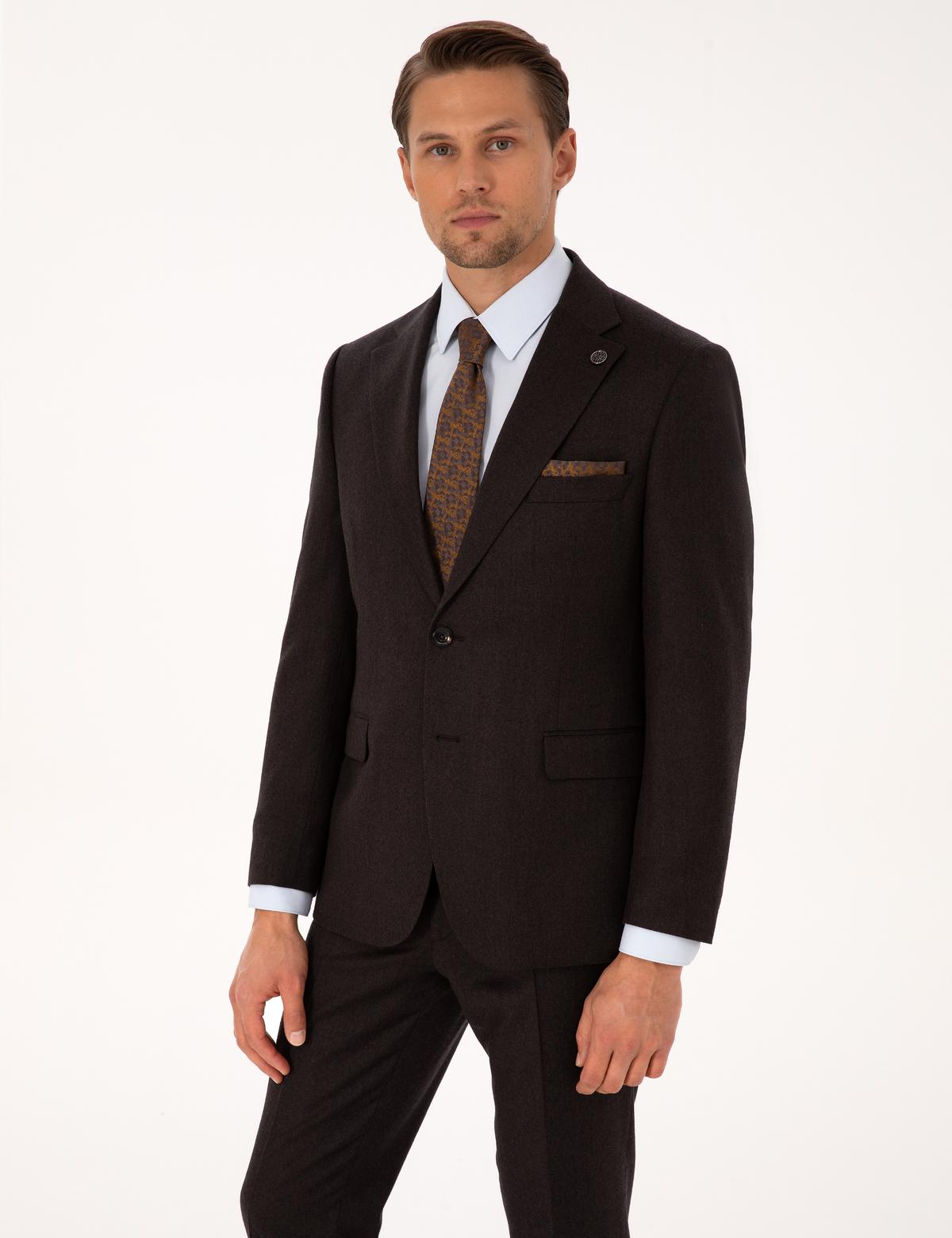 Kahverengi Slim Fit %100 Yün Takım Elbise - 50312948056