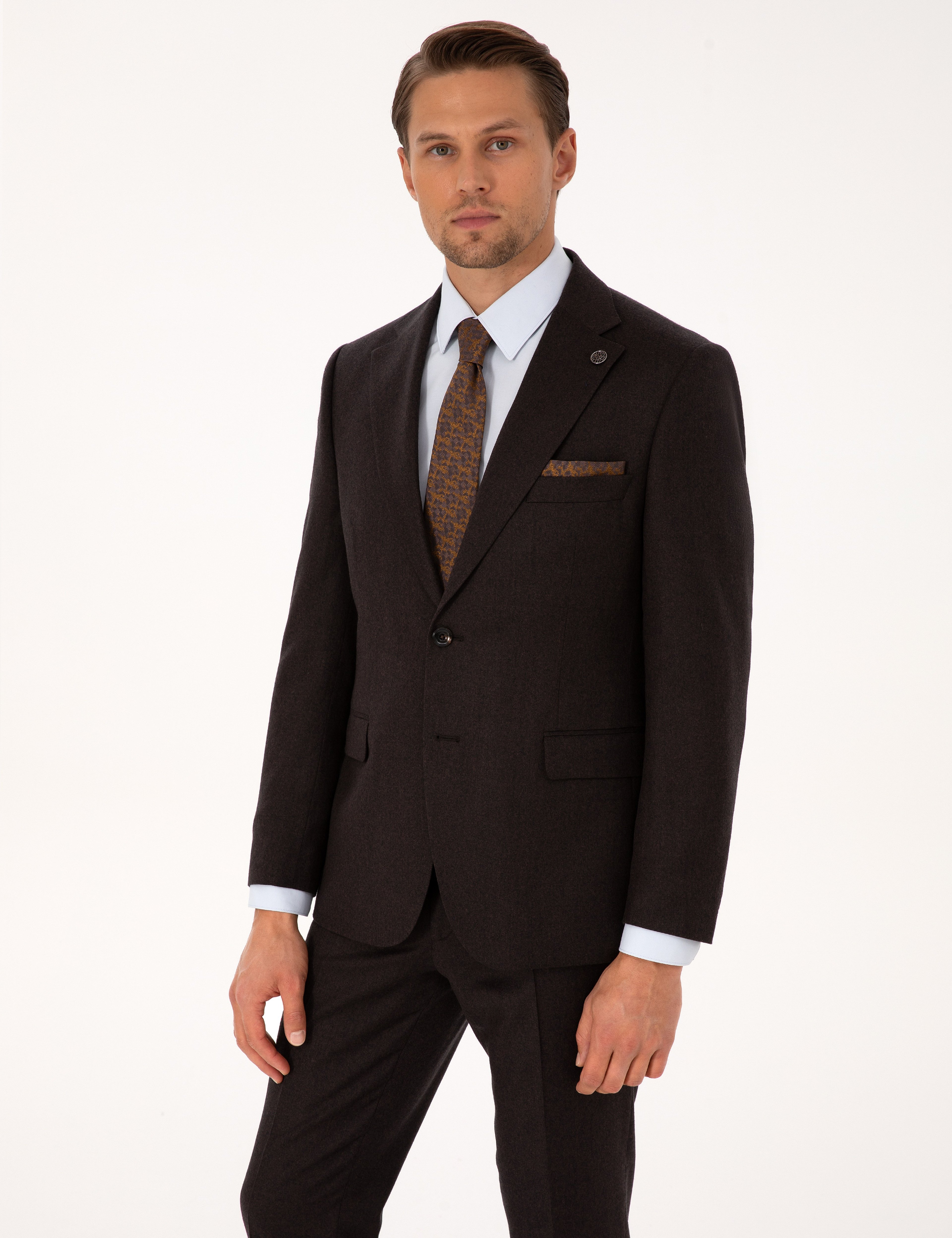 Kahverengi Slim Fit %100 Yün Takım Elbise - Image 3