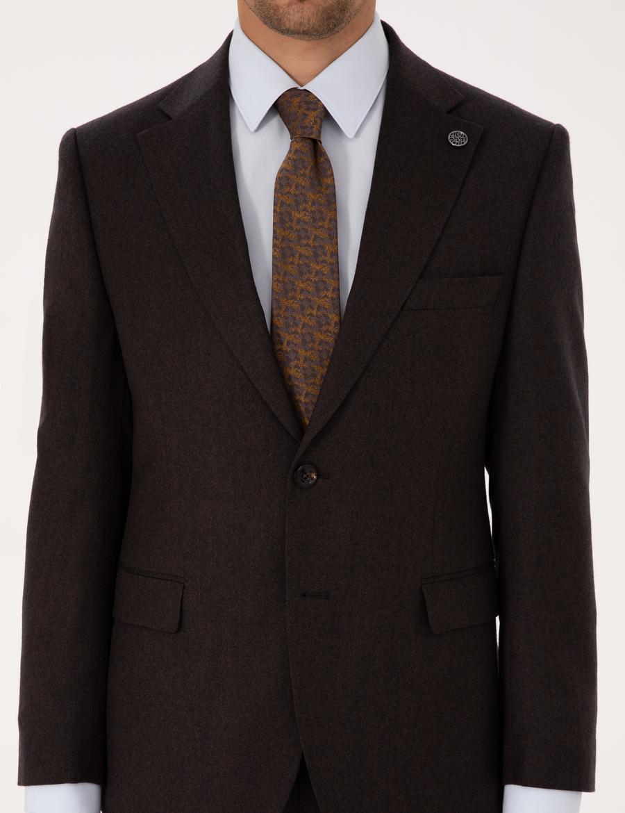 Kahverengi Slim Fit %100 Yün Takım Elbise