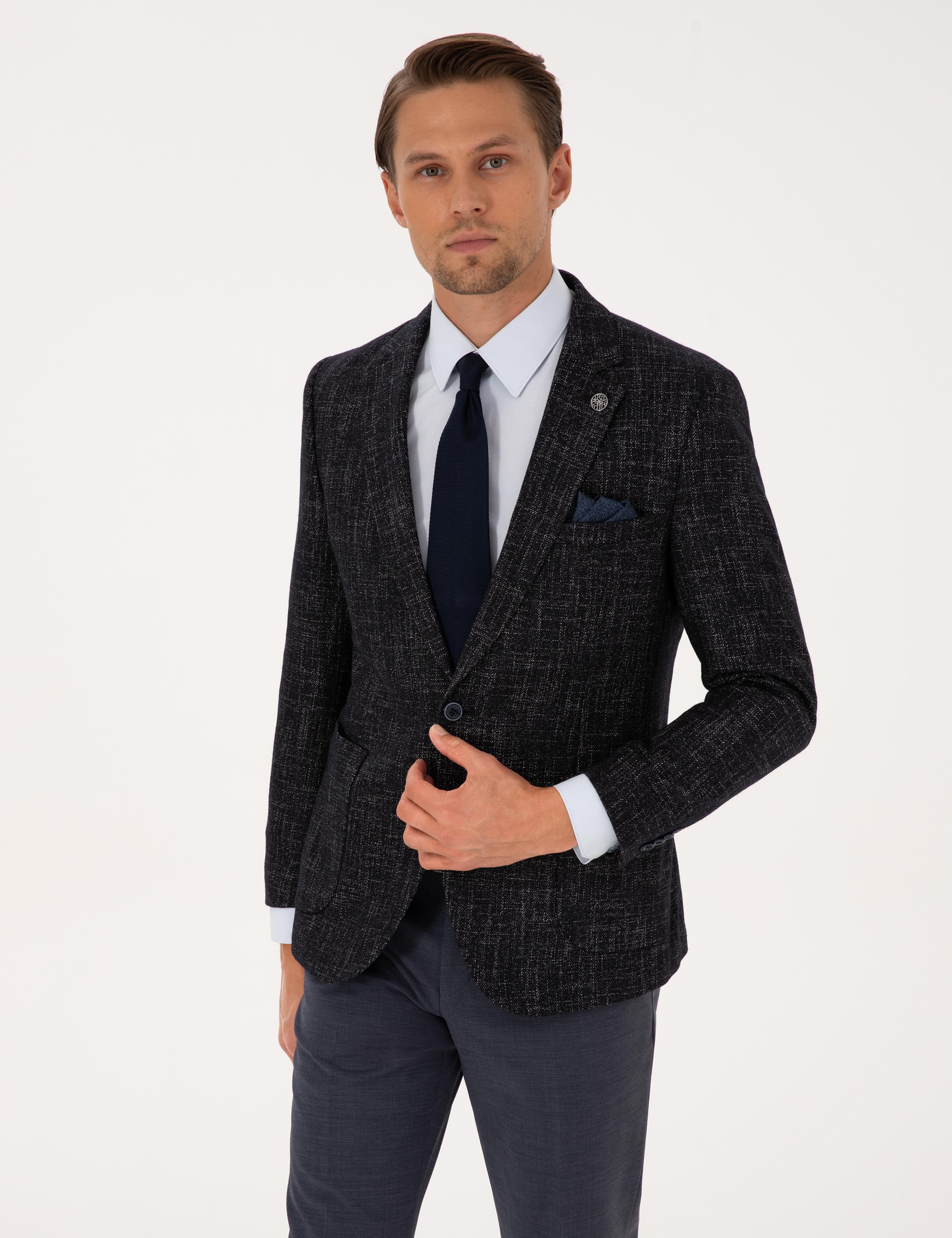 Lacivert Ex. Slim Fit Yün Karışımlı Ceket