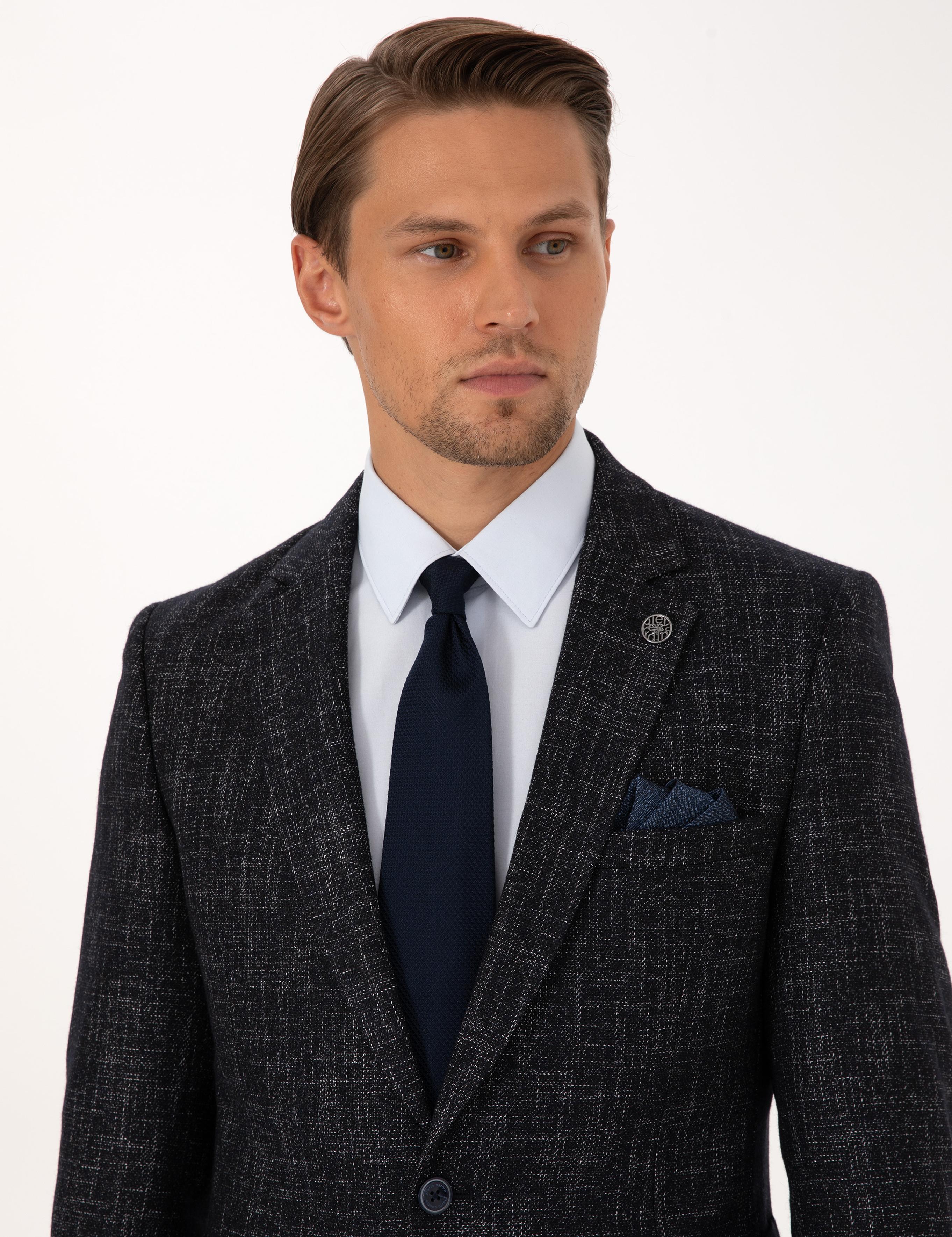 Lacivert Ex. Slim Fit Yün Karışımlı Ceket