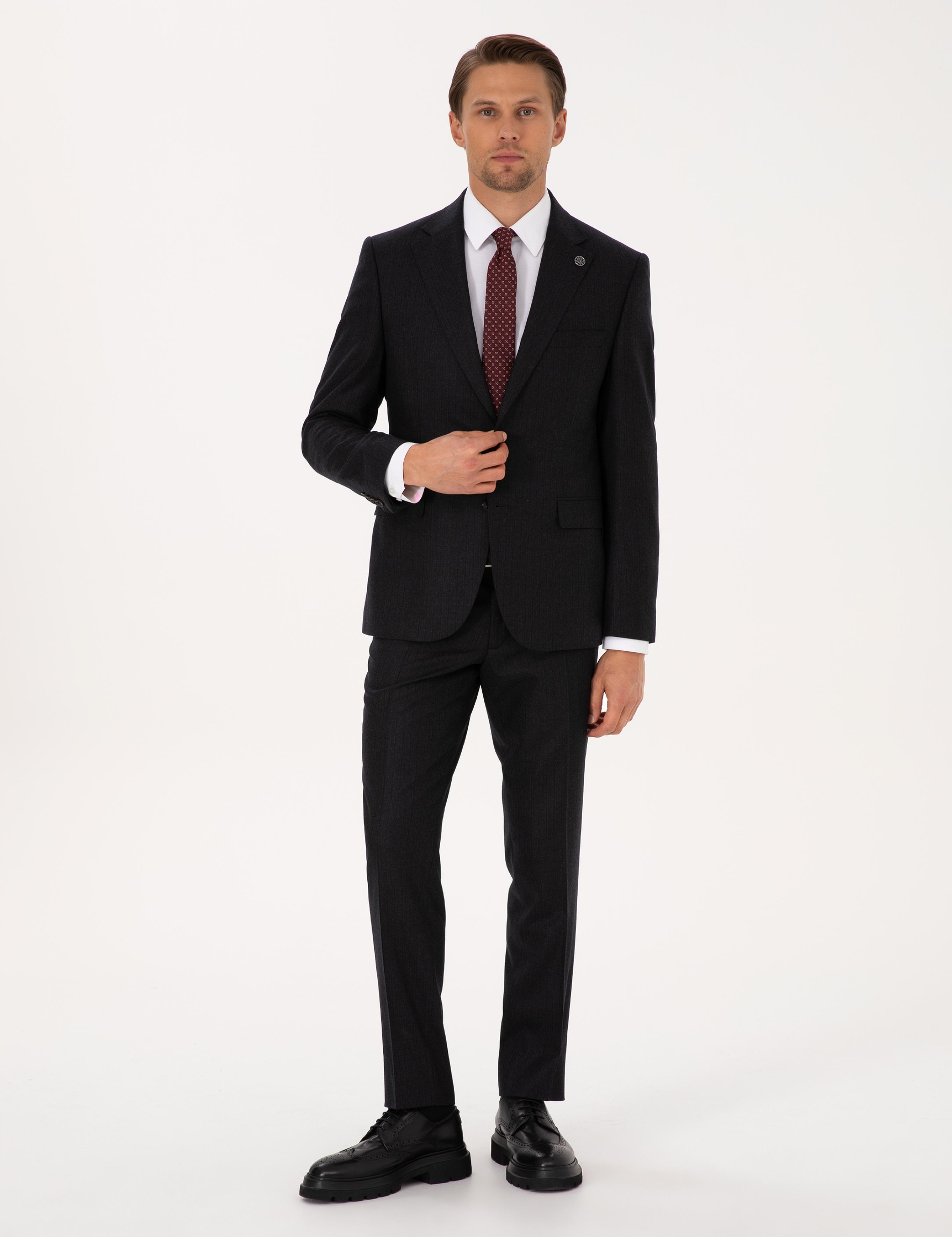 Antrasit Slim Fit %100 Yün Takım Elbise