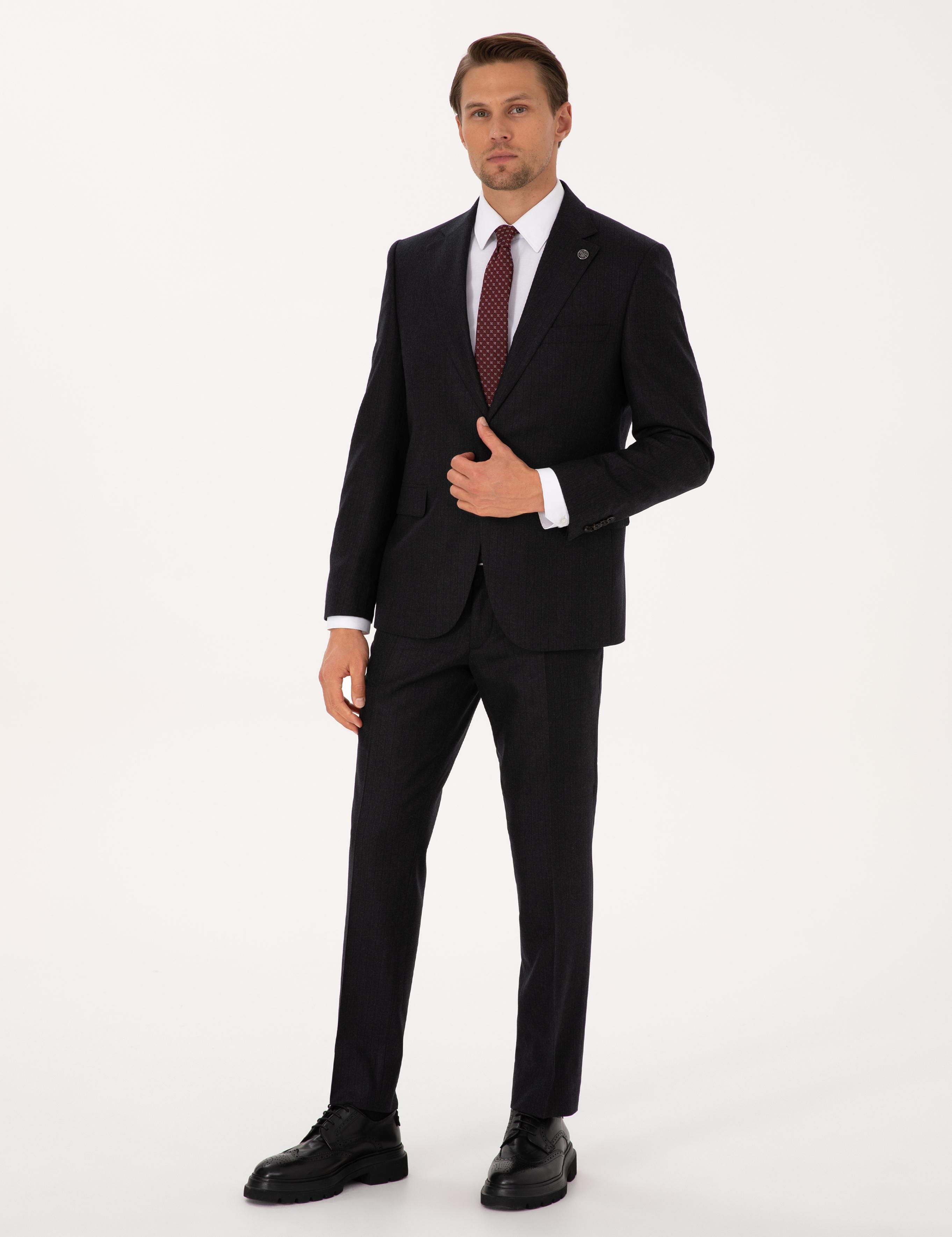 Antrasit Slim Fit %100 Yün Takım Elbise