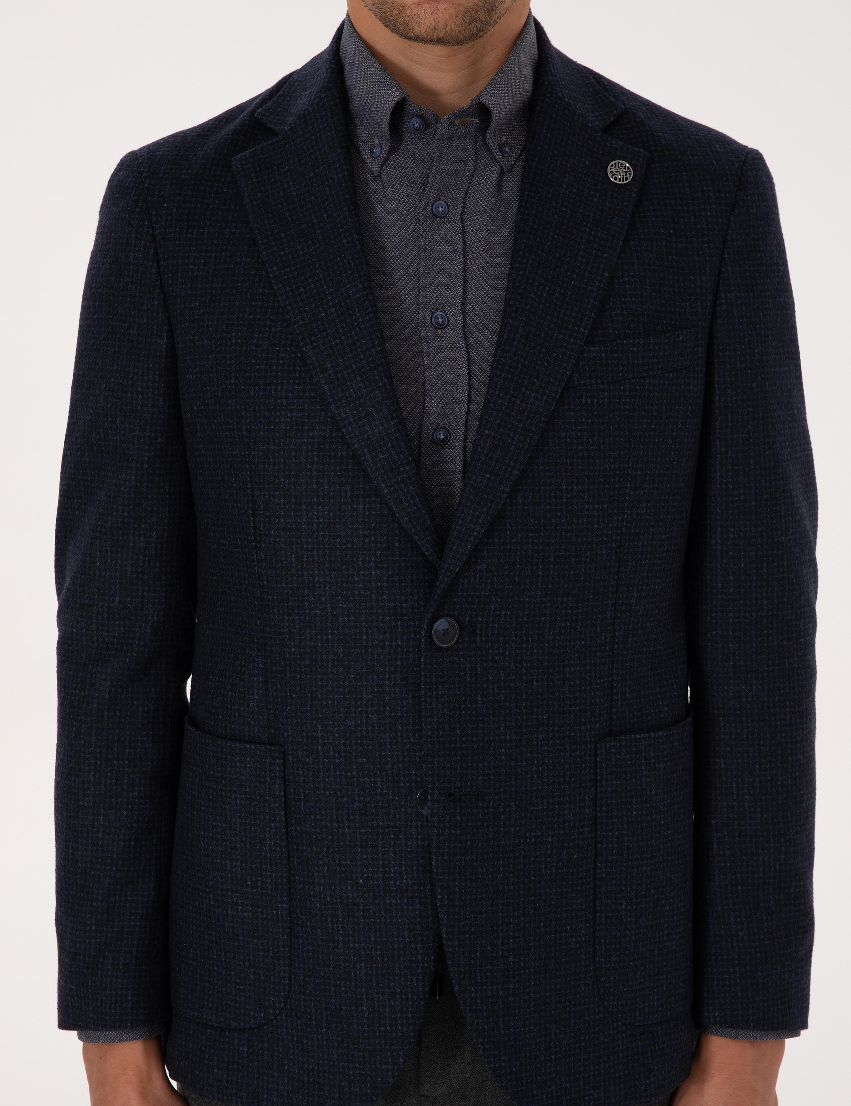 Lacivert Slim Fit Yün Karışımlı Ceket