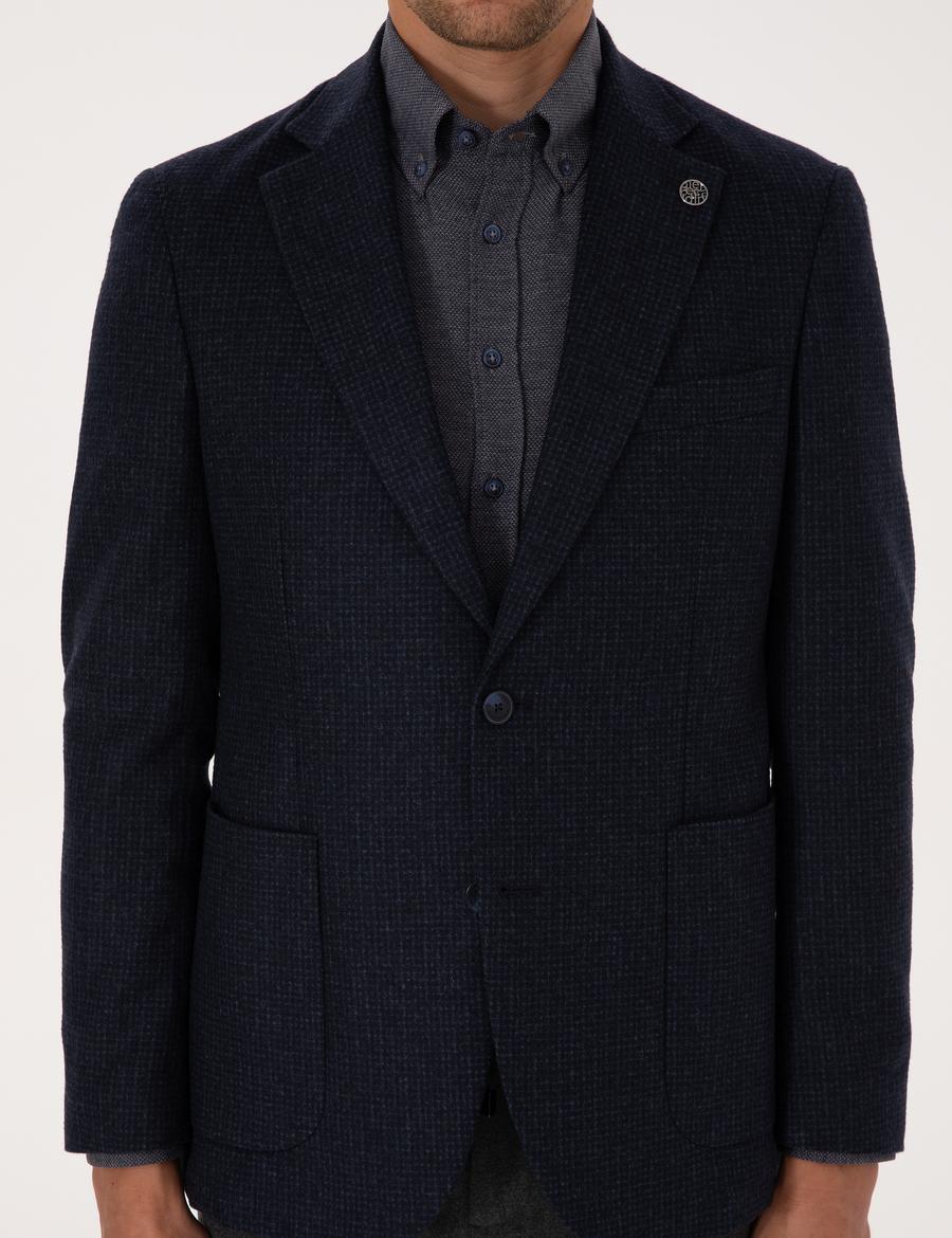 Lacivert Slim Fit Yün Karışımlı Ceket
