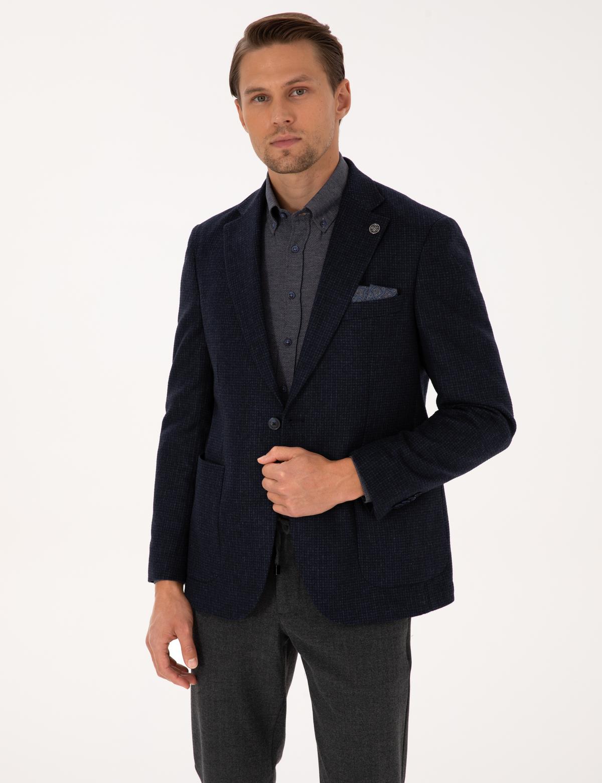 Lacivert Slim Fit Yün Karışımlı Ceket