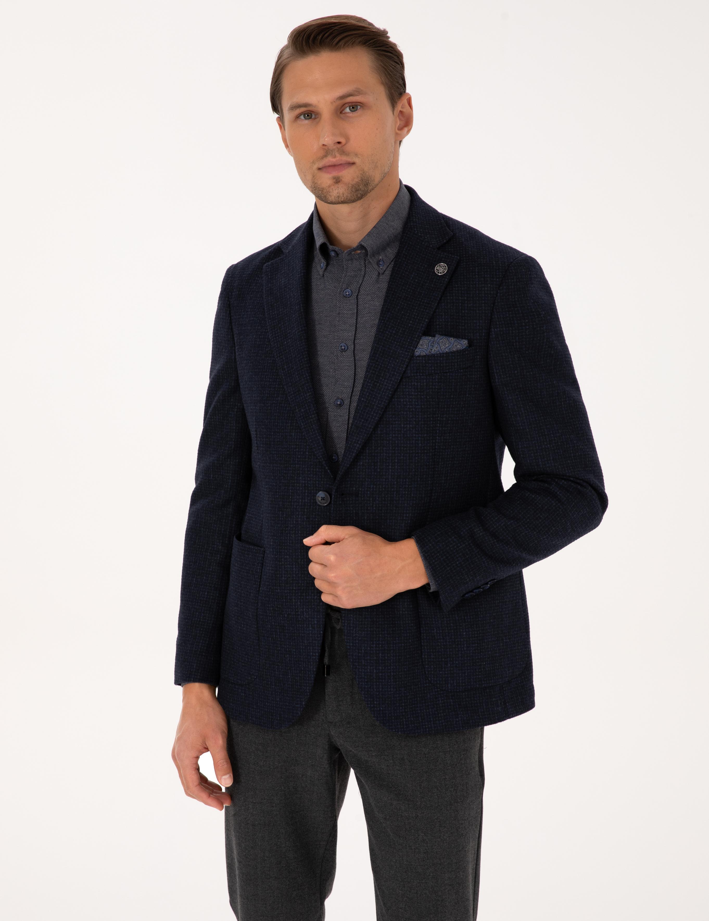 Lacivert Slim Fit Yün Karışımlı Ceket