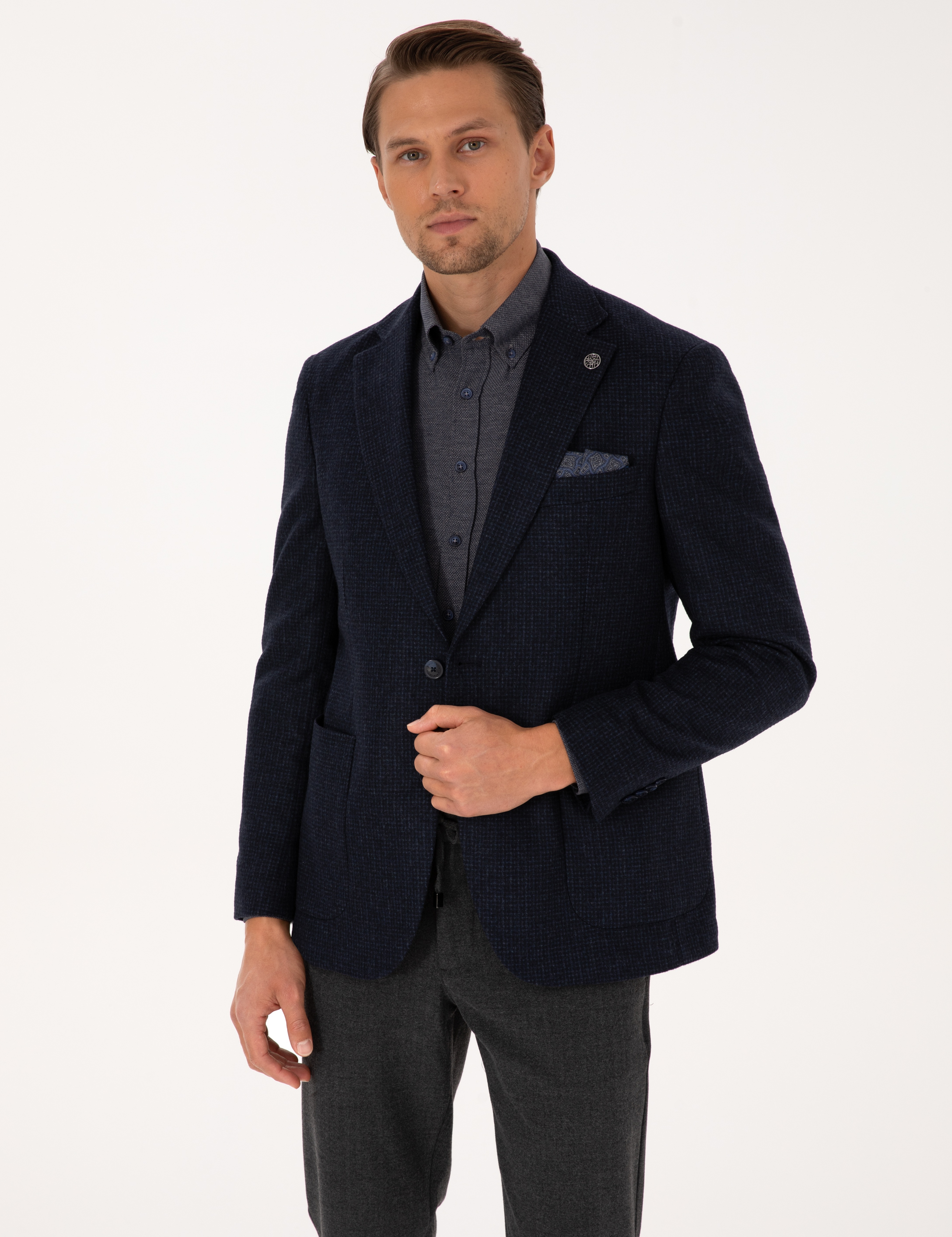 Lacivert Slim Fit Yün Karışımlı Ceket - Image 1