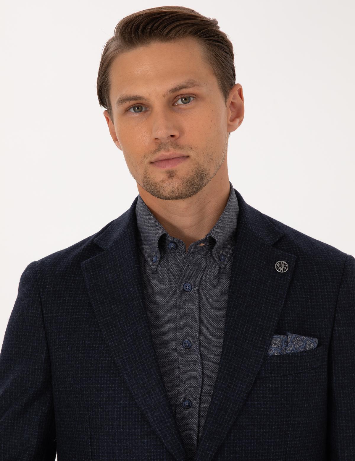 Lacivert Slim Fit Yün Karışımlı Ceket - 50313336056