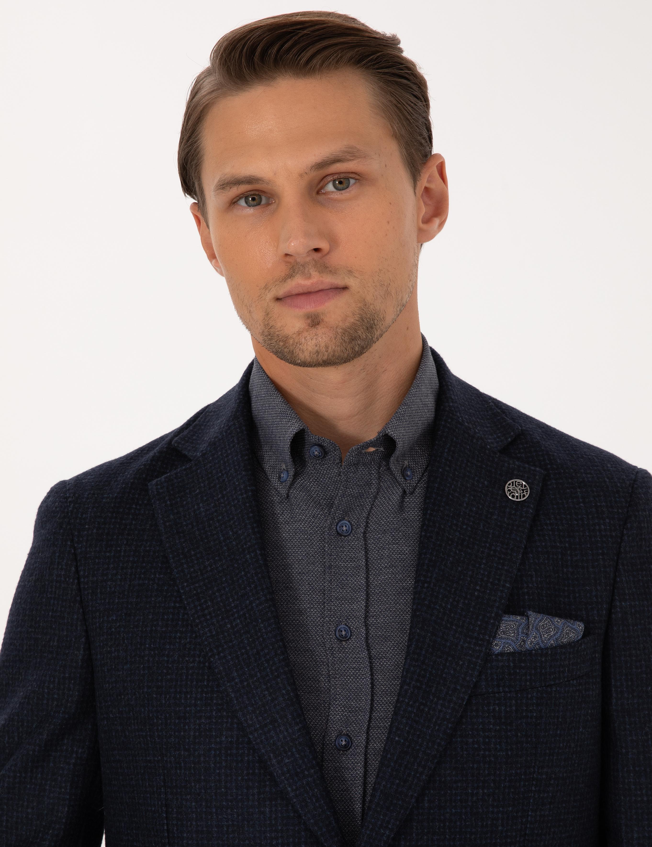 Lacivert Slim Fit Yün Karışımlı Ceket