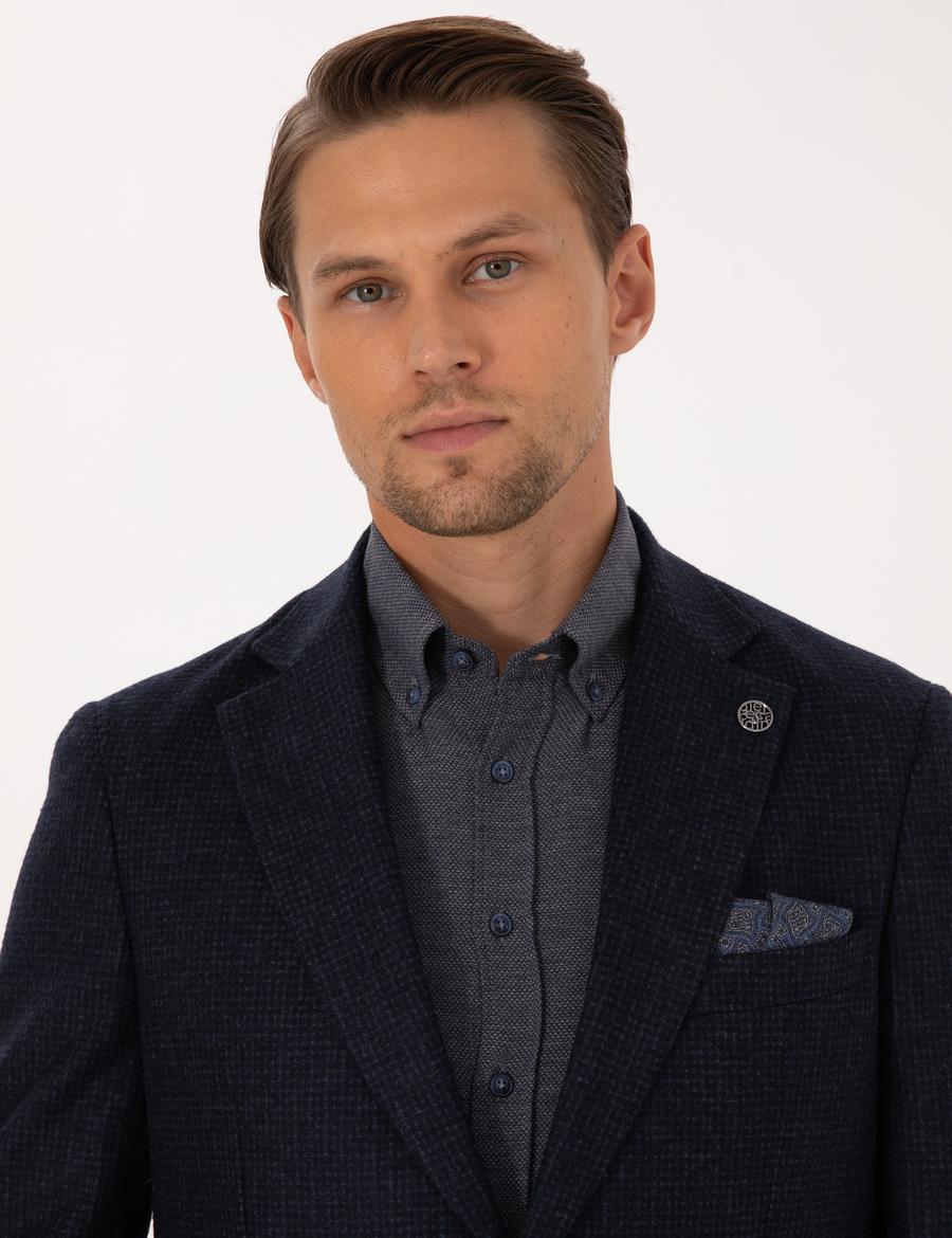 Lacivert Slim Fit Yün Karışımlı Ceket