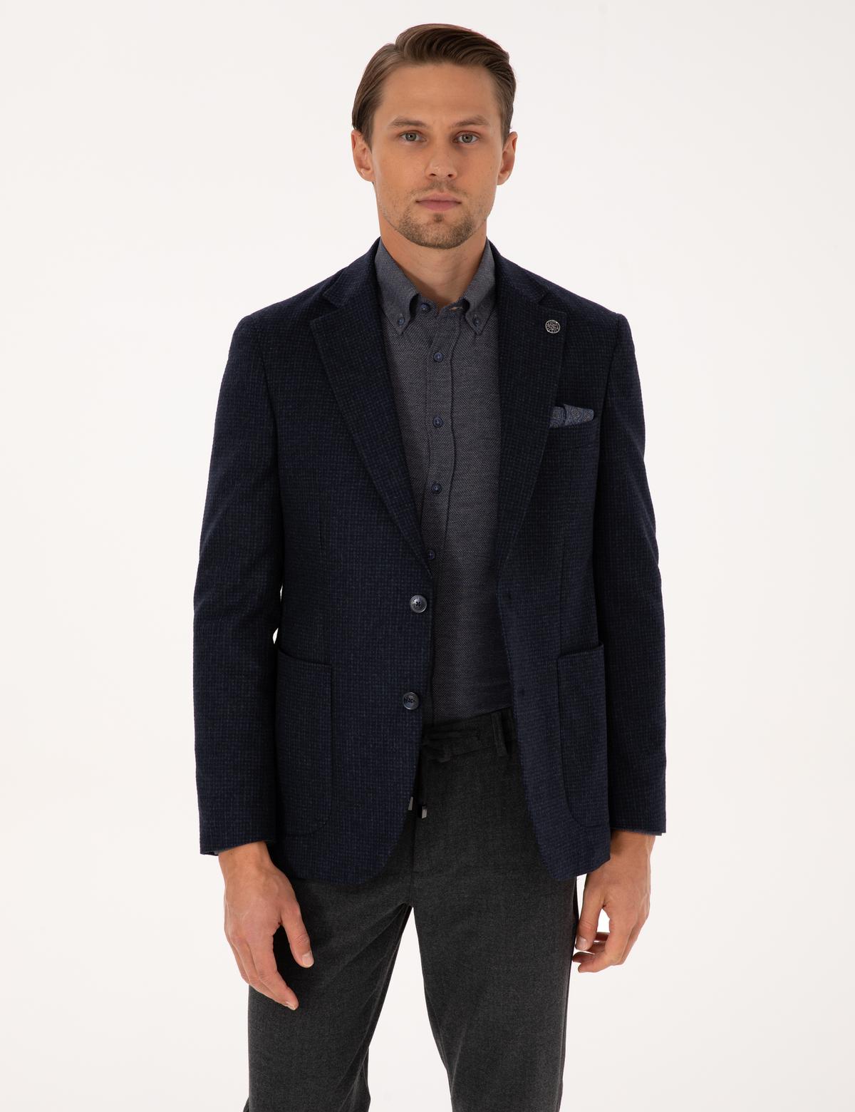 Lacivert Slim Fit Yün Karışımlı Ceket - 50313336056