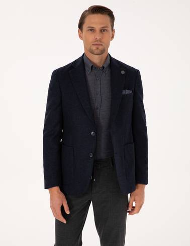 Lacivert Slim Fit Yün Karışımlı Ceket