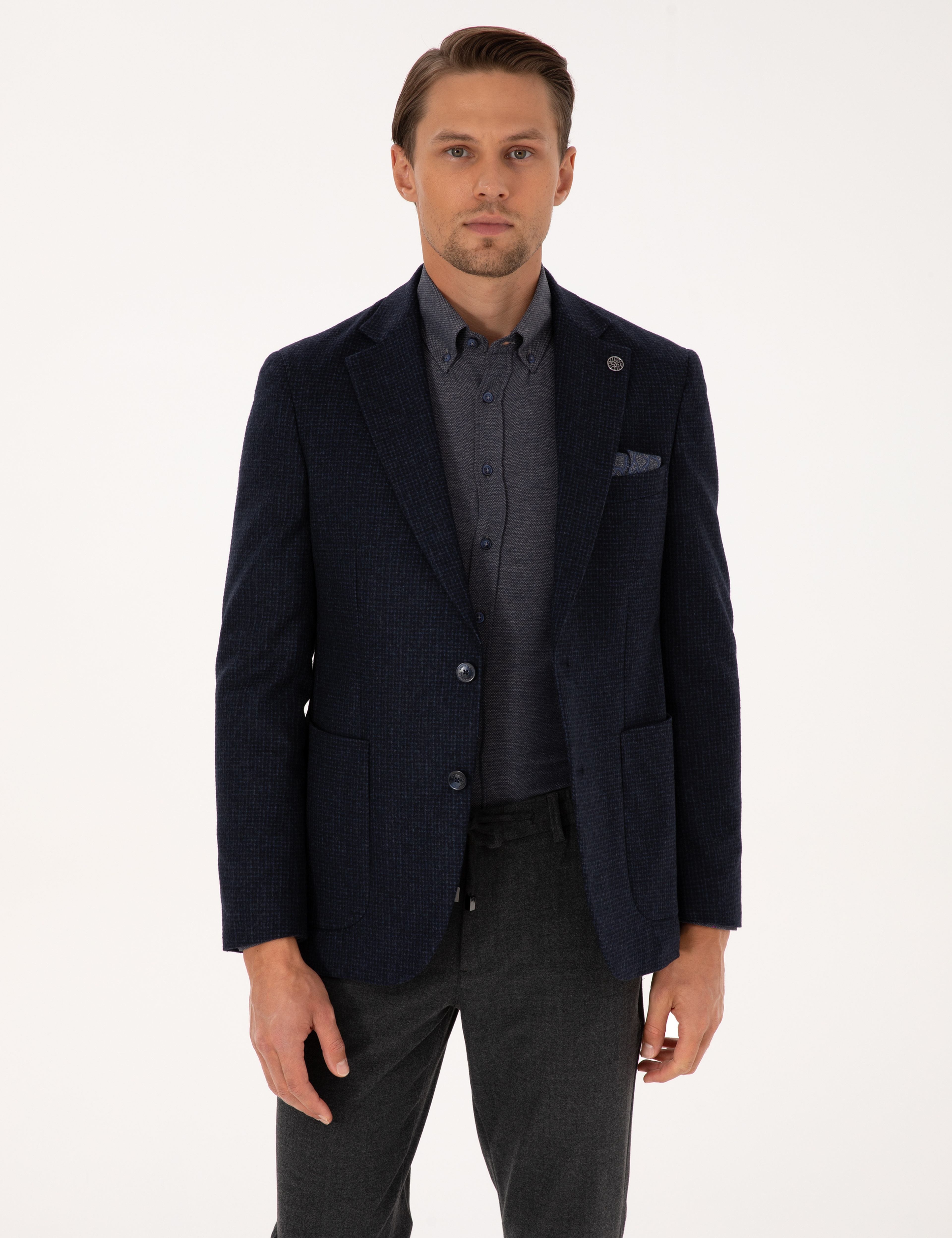 Lacivert Slim Fit Yün Karışımlı Ceket - Image 3