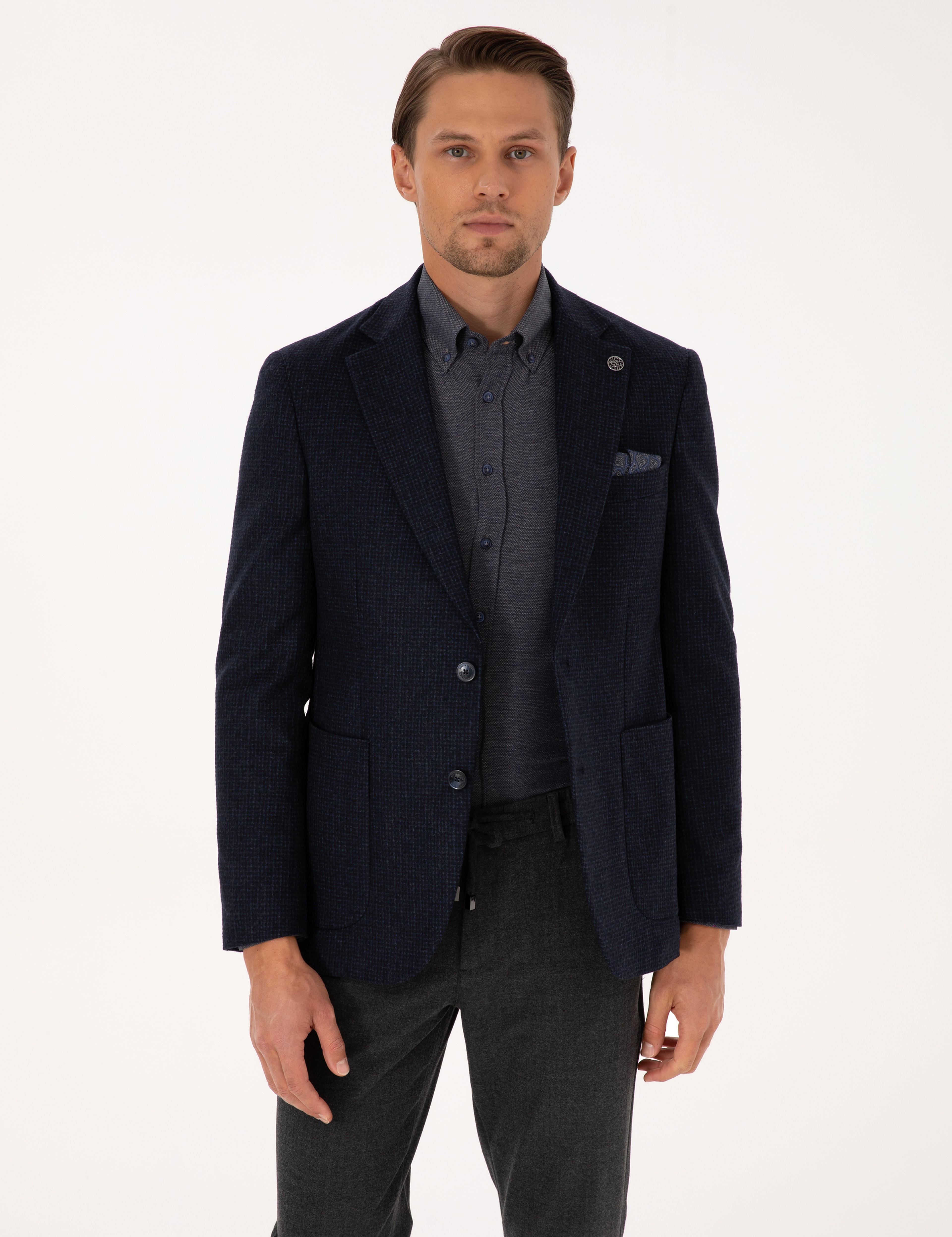 Lacivert Slim Fit Yün Karışımlı Ceket
