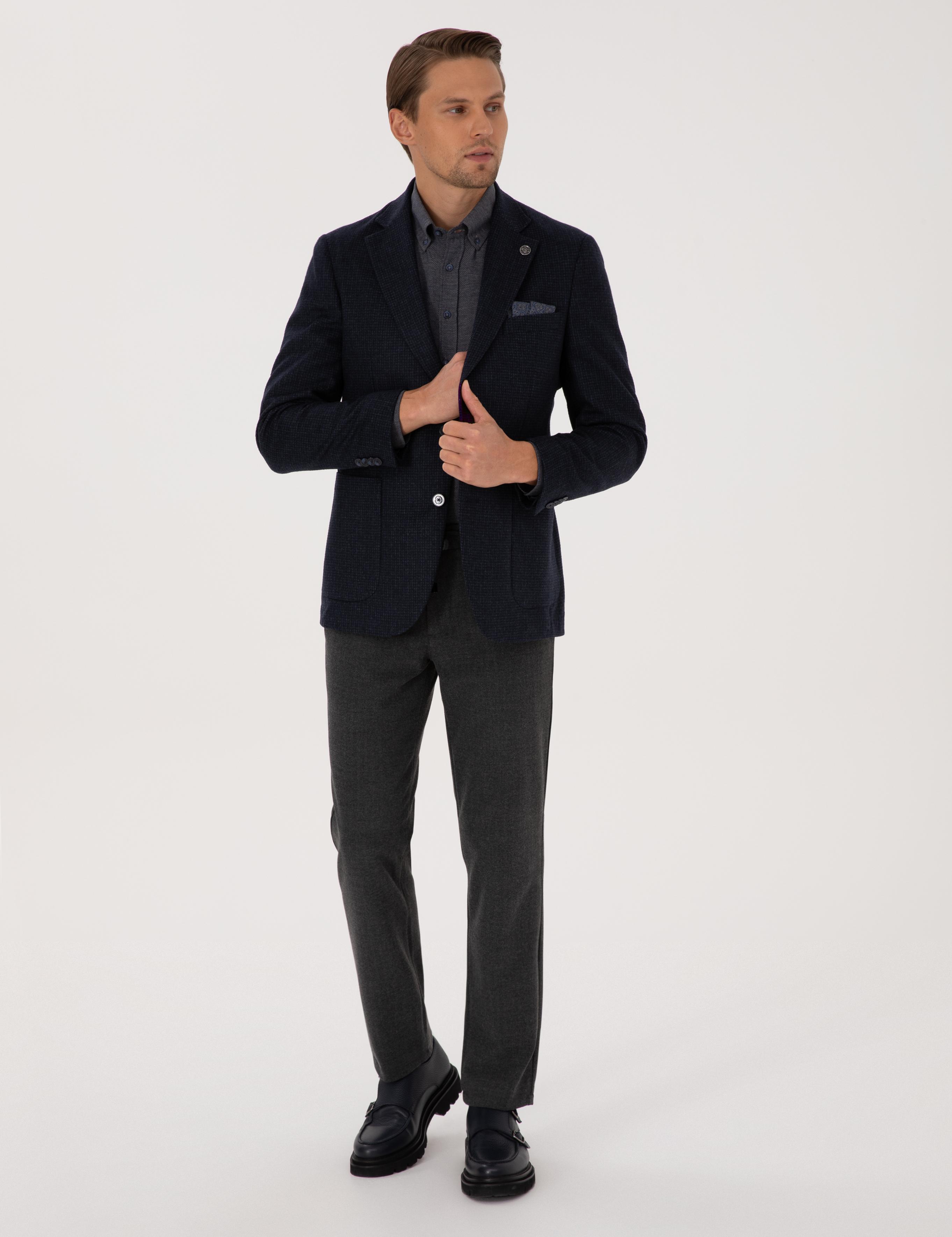 Lacivert Slim Fit Yün Karışımlı Ceket