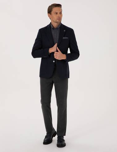 Lacivert Slim Fit Yün Karışımlı Ceket