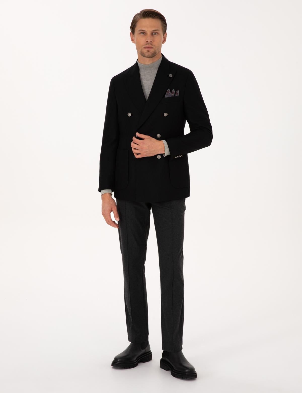 Siyah Ex. Slim Fit Yün Karışımlı Kruvaze Ceket - 50313975146