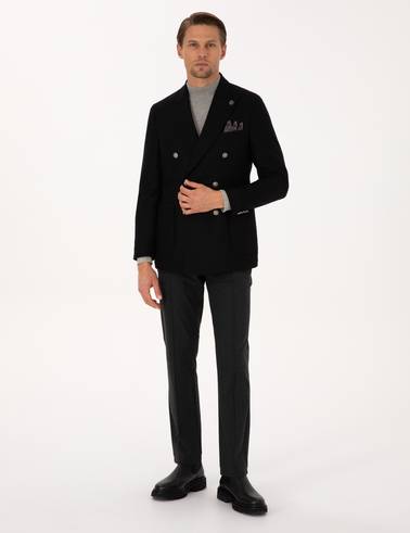 Siyah Ex. Slim Fit Yün Karışımlı Kruvaze Ceket