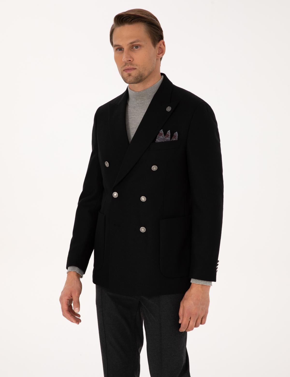 Siyah Ex. Slim Fit Yün Karışımlı Kruvaze Ceket - 50313975146