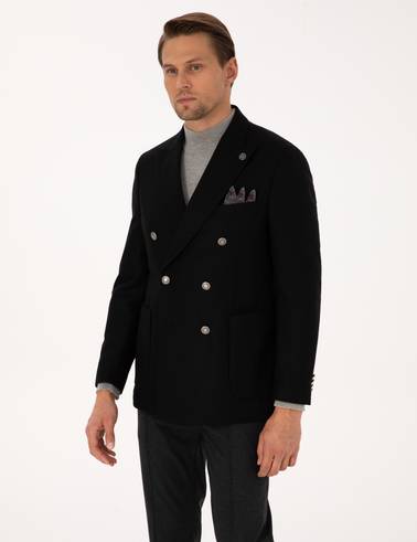 Siyah Ex. Slim Fit Yün Karışımlı Kruvaze Ceket