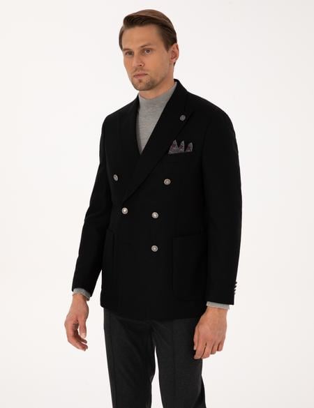 Siyah Ex. Slim Fit Yün Karışımlı Kruvaze Ceket - 50313975146