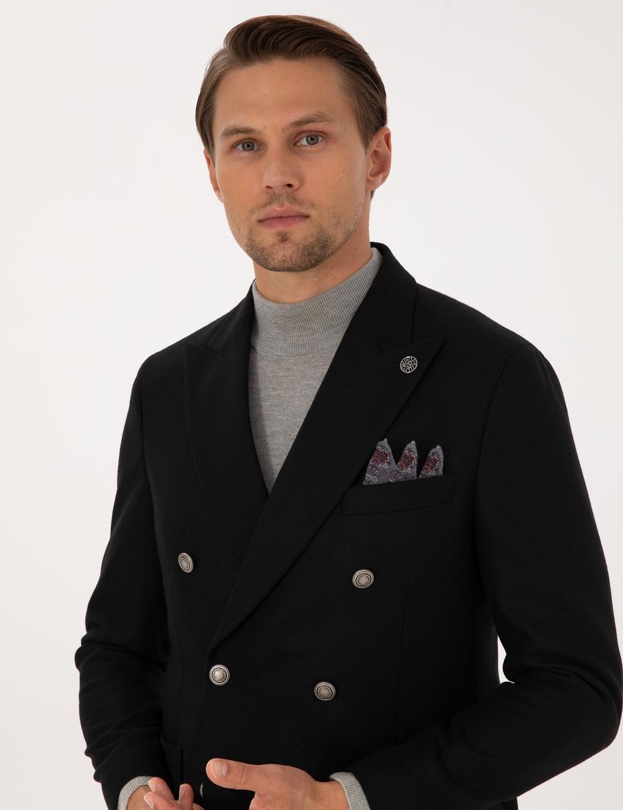 Siyah Ex. Slim Fit Yün Karışımlı Kruvaze Ceket