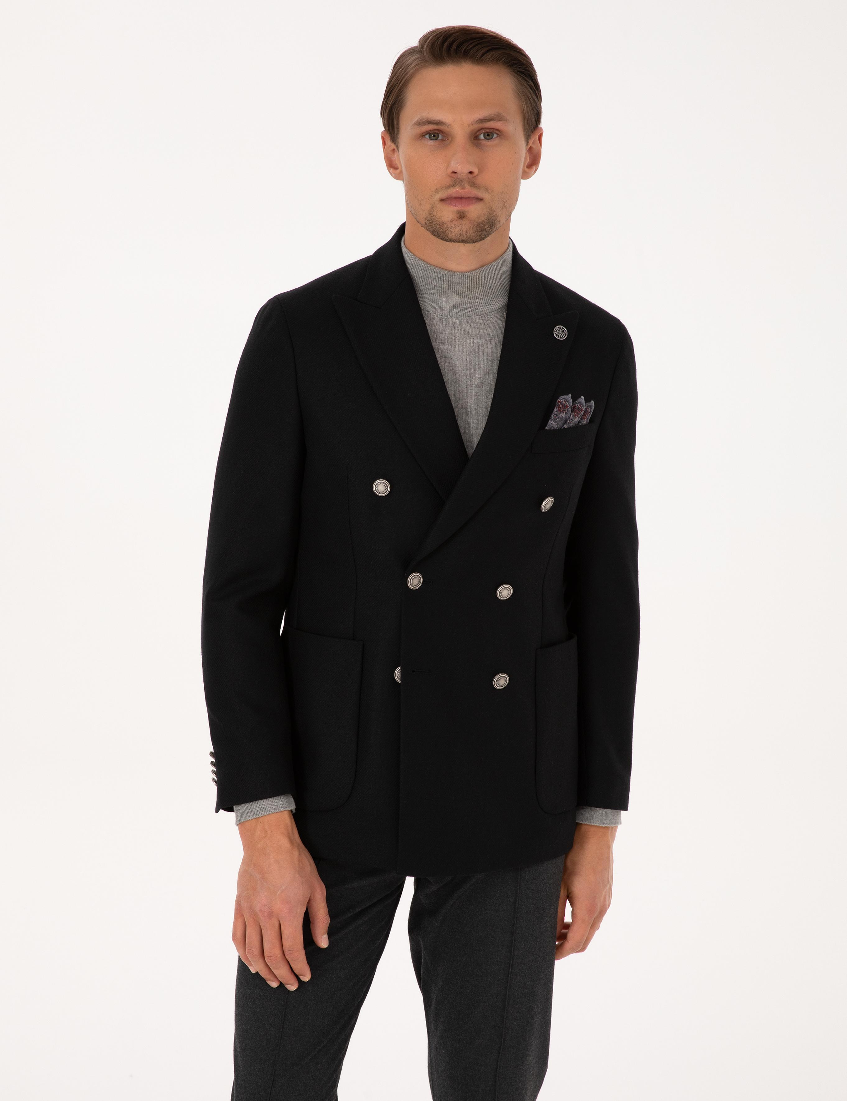 Siyah Ex. Slim Fit Yün Karışımlı Kruvaze Ceket