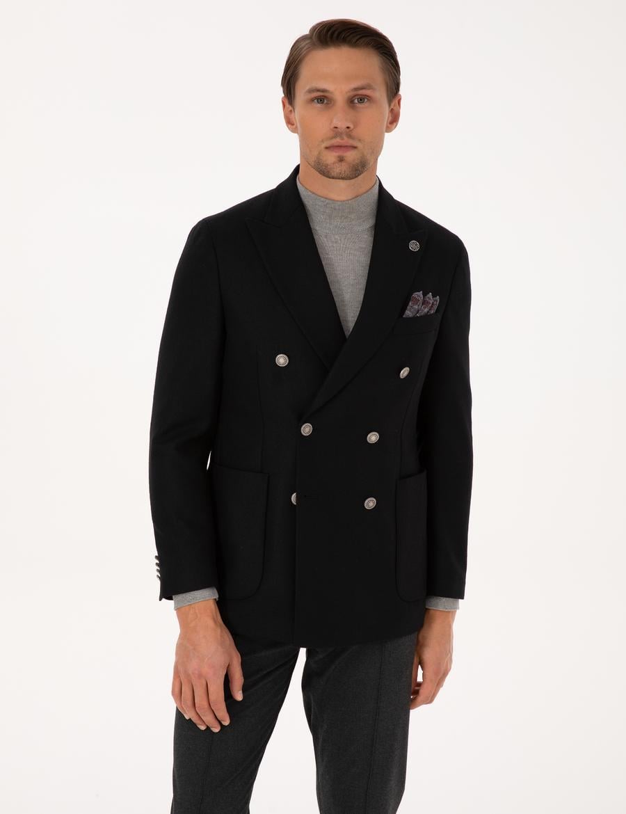 Siyah Ex. Slim Fit Yün Karışımlı Kruvaze Ceket