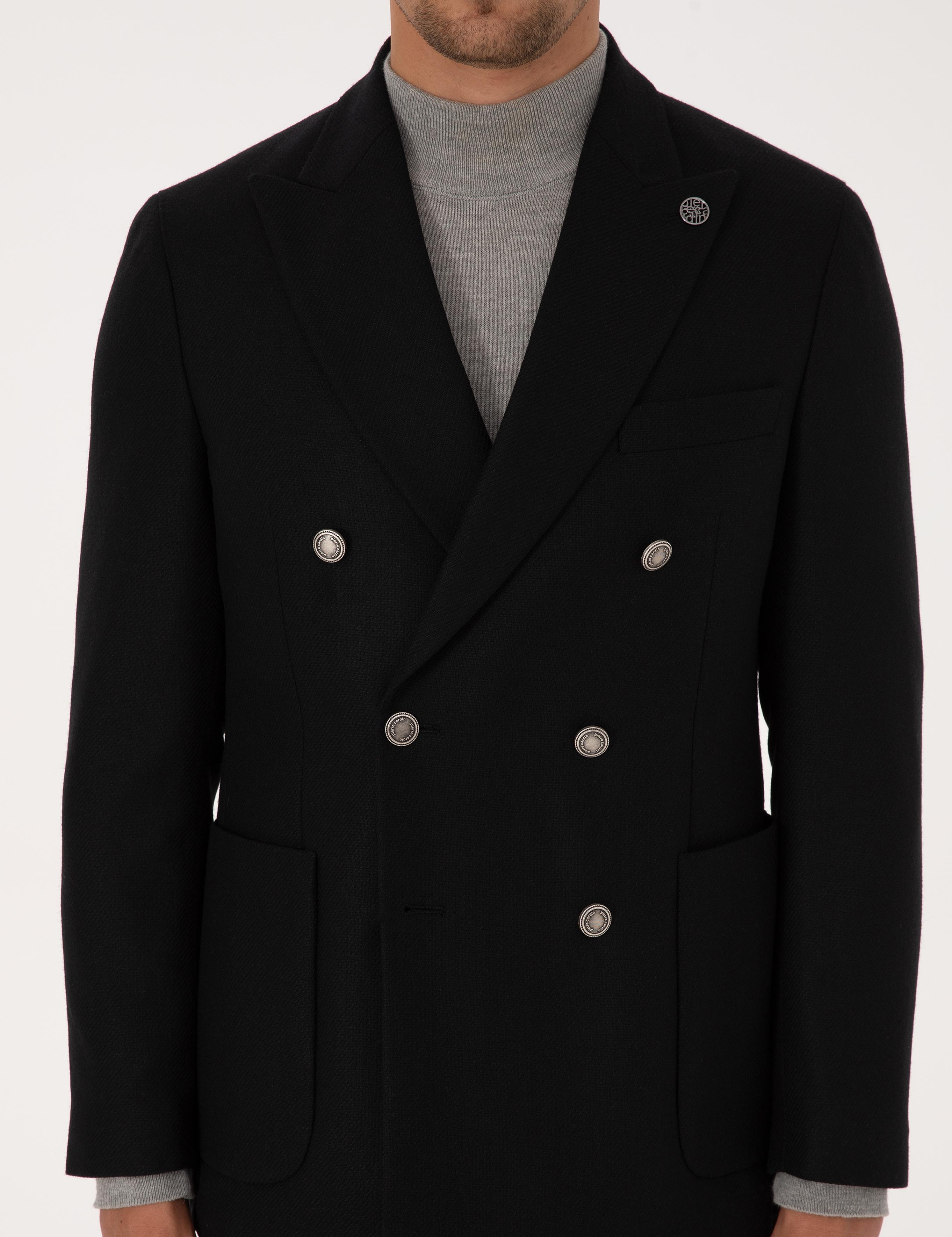 Siyah Ex. Slim Fit Yün Karışımlı Kruvaze Ceket