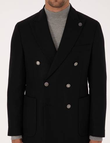 Siyah Ex. Slim Fit Yün Karışımlı Kruvaze Ceket