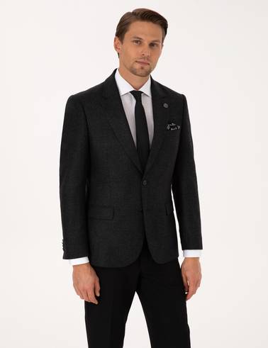 Antrasit Slim Fit Yün İpek Karışımlı Ceket