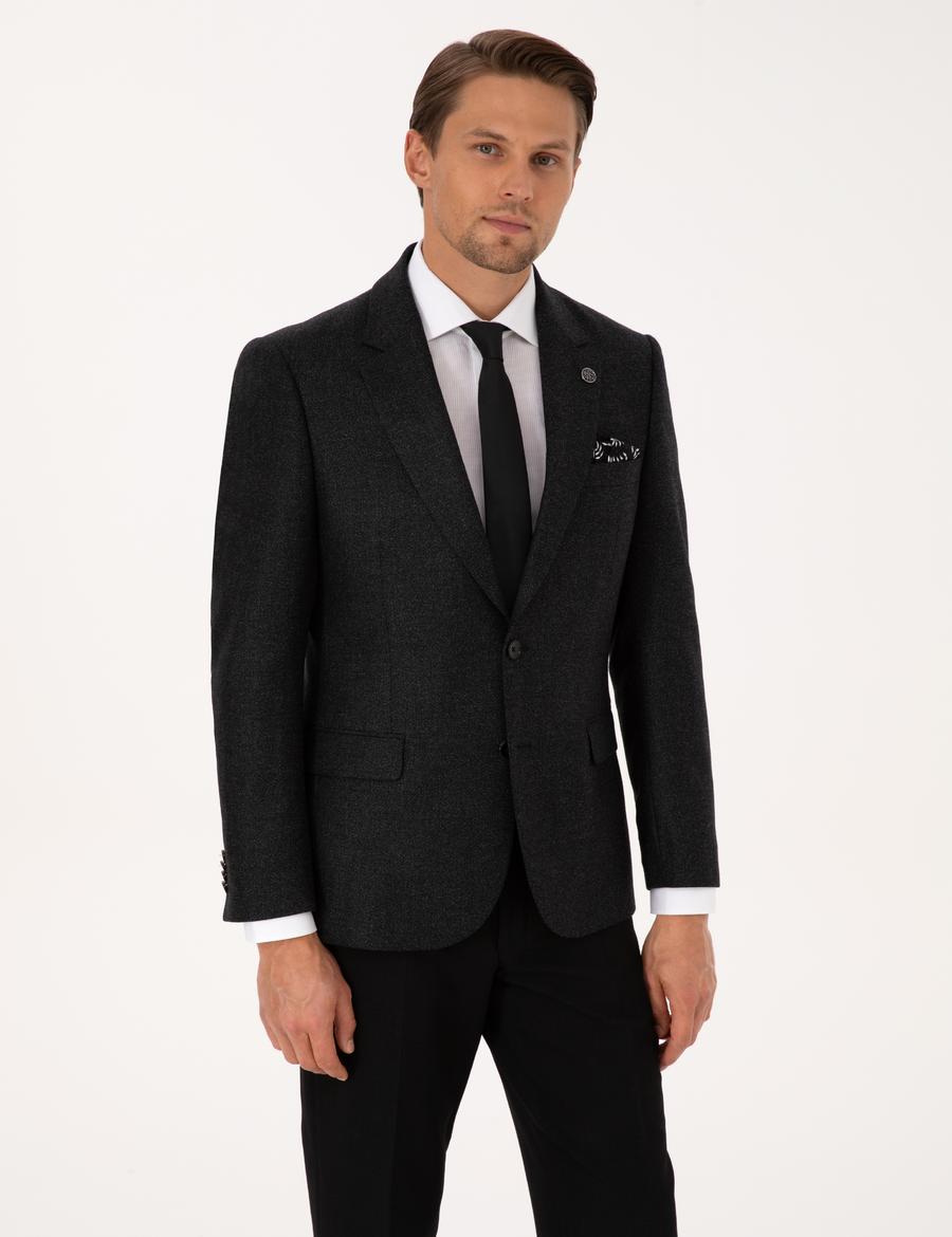 Antrasit Slim Fit Yün İpek Karışımlı Ceket