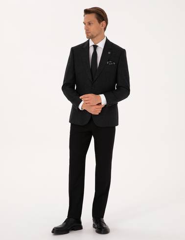 Antrasit Slim Fit Yün İpek Karışımlı Ceket