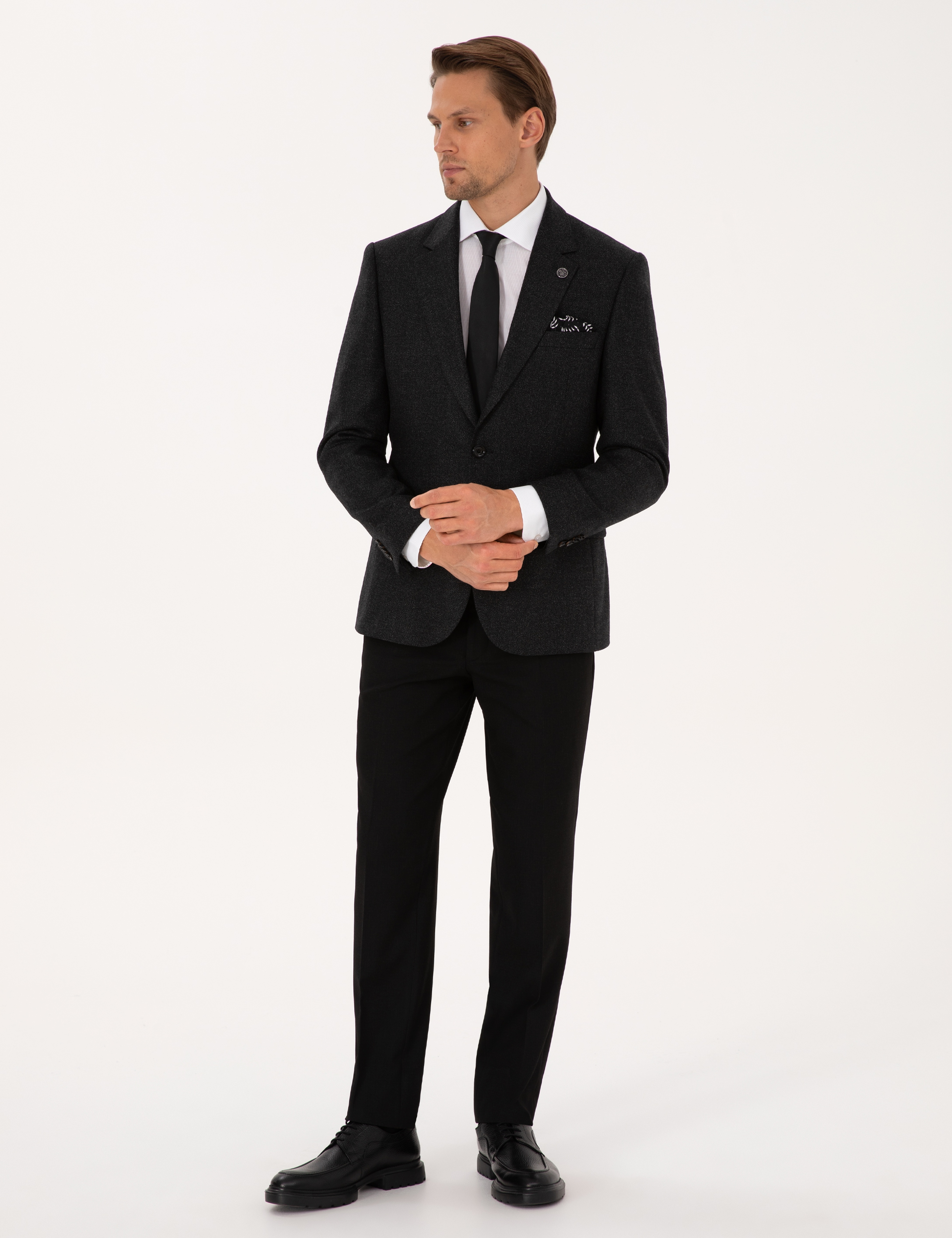 Antrasit Slim Fit Yün İpek Karışımlı Ceket