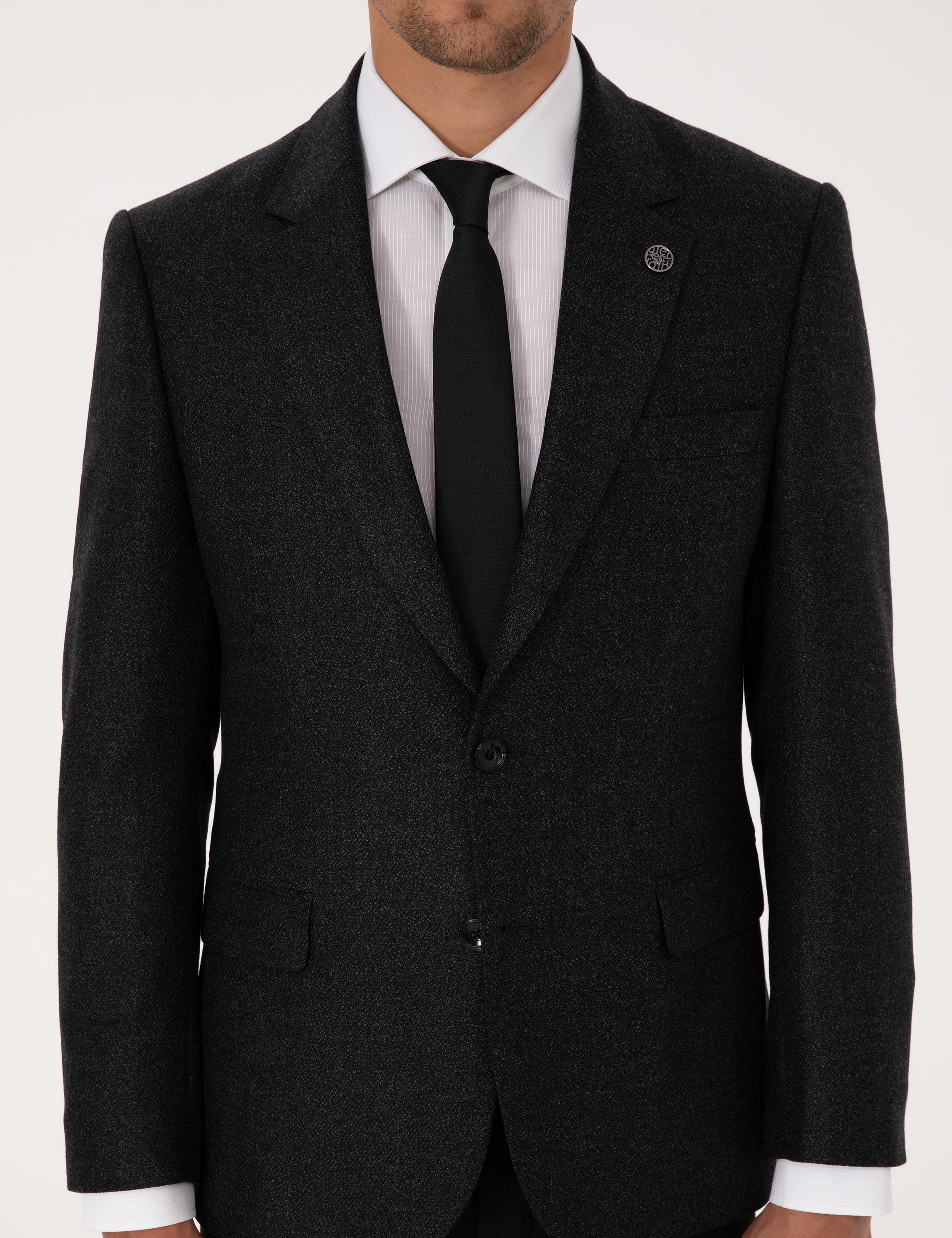 Antrasit Slim Fit Yün İpek Karışımlı Ceket