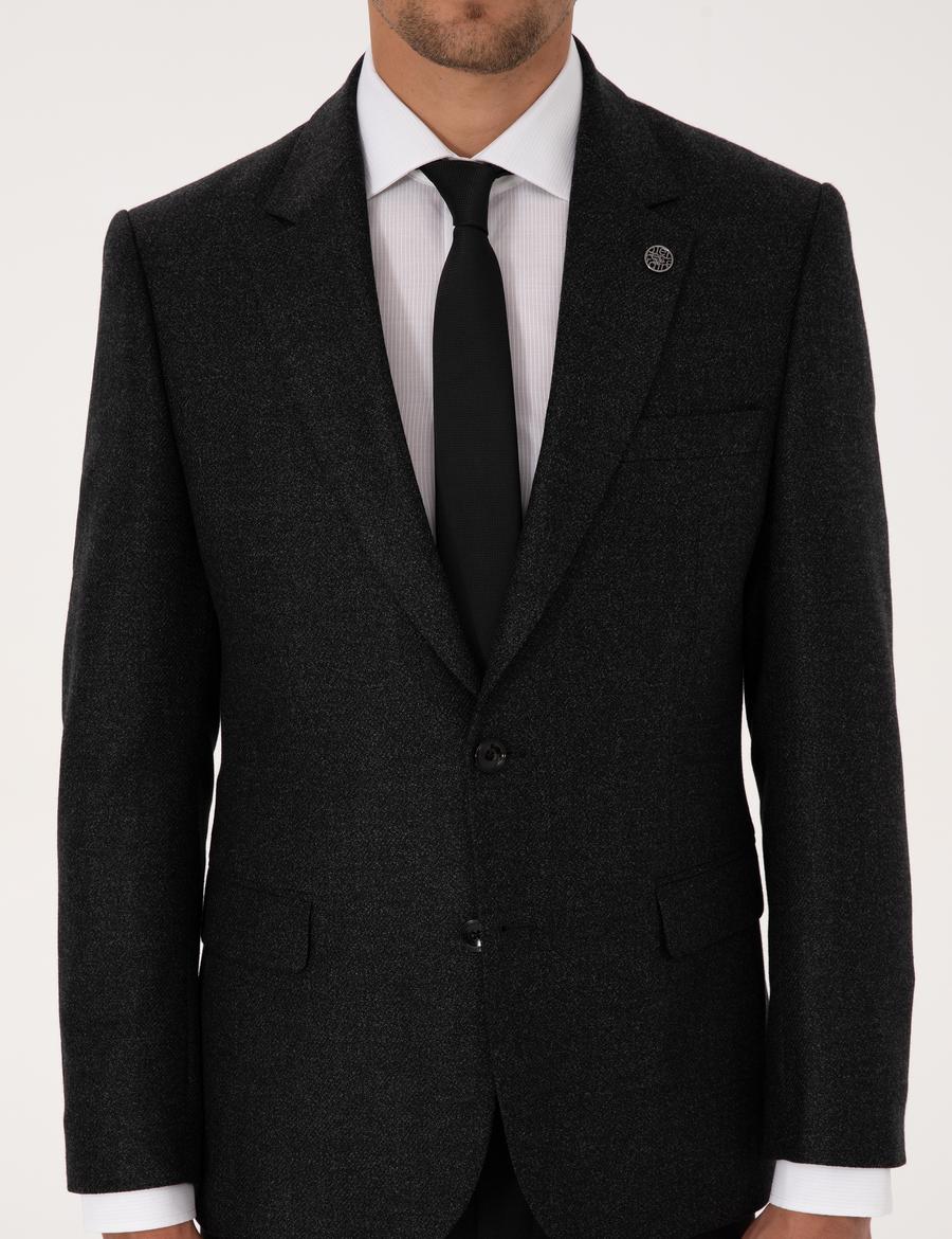 Antrasit Slim Fit Yün İpek Karışımlı Ceket