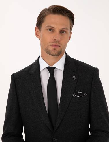 Antrasit Slim Fit Yün İpek Karışımlı Ceket