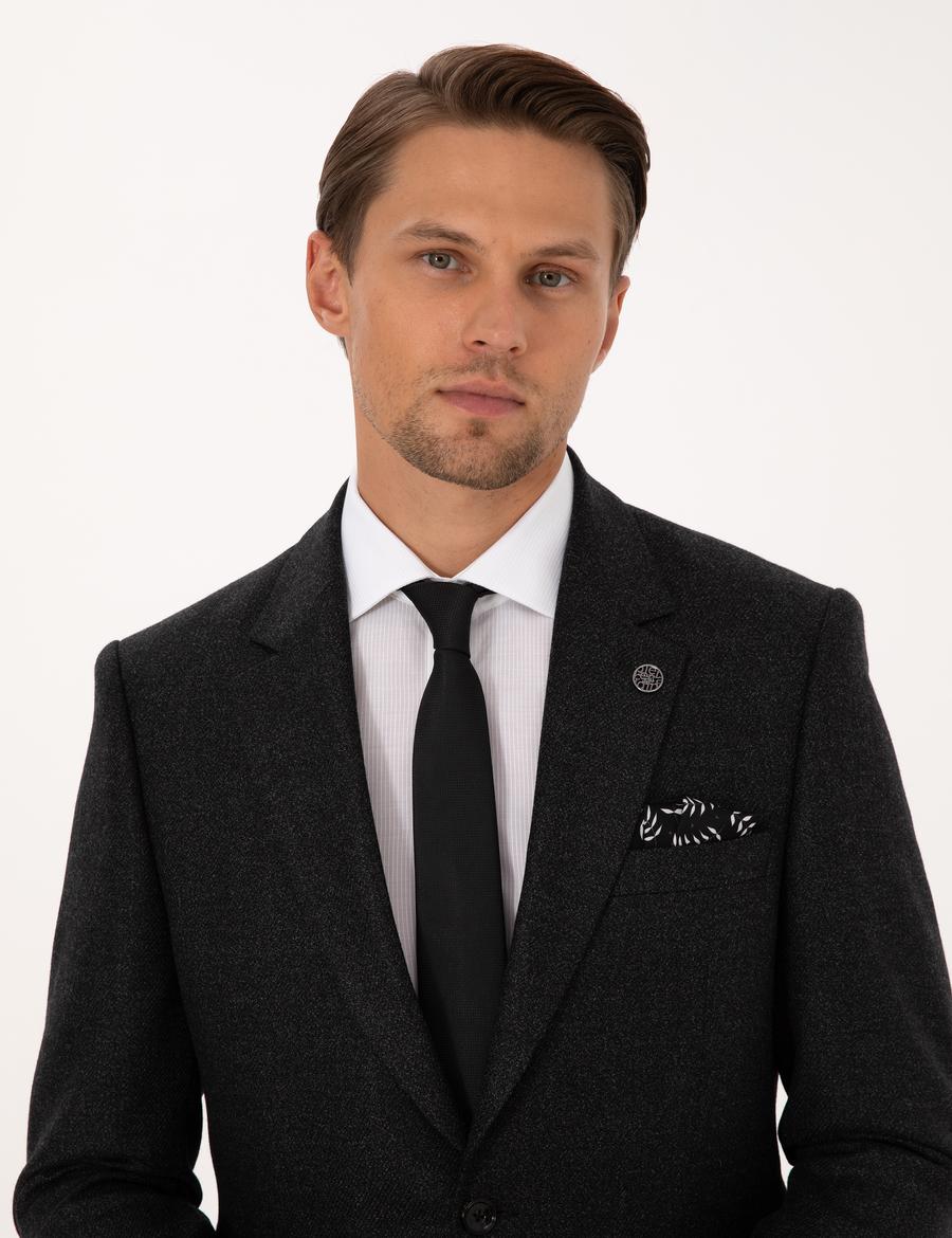 Antrasit Slim Fit Yün İpek Karışımlı Ceket